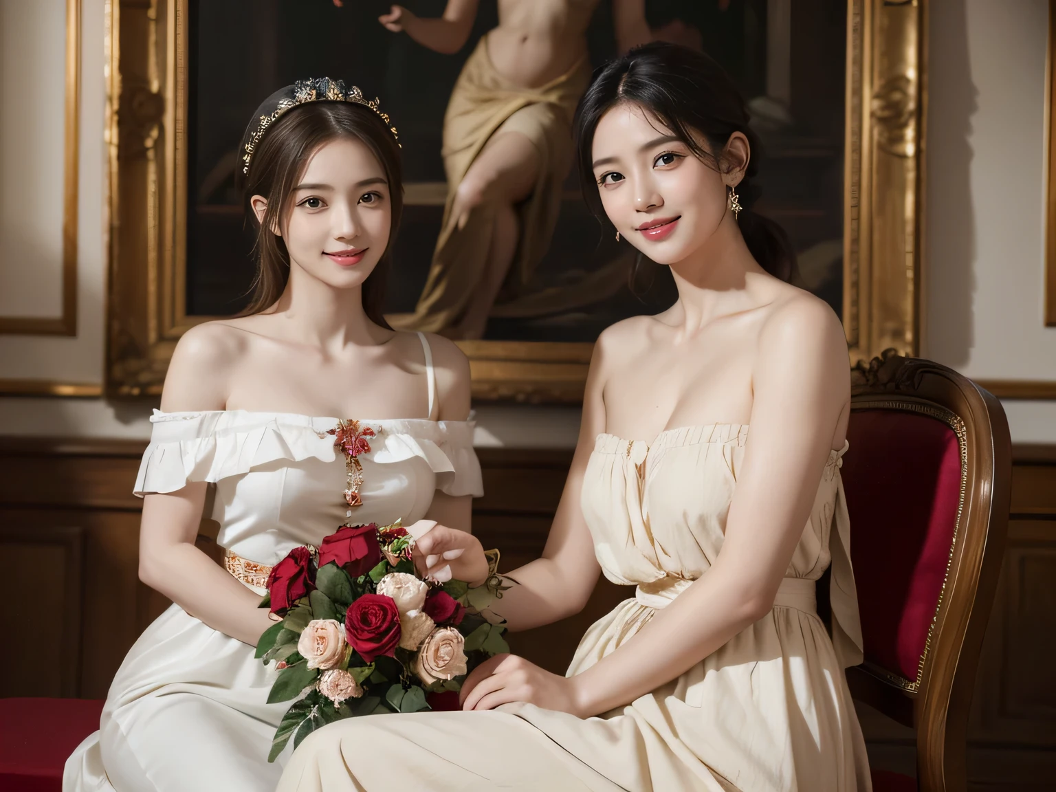 Jacques-Louis David painting style,Arguments of two female Philosophe,ath、astronomical machine、astronaut、roses in vase、fruits、Cute trinkets、smile、ancient greek costume、Clothes that stretch your shoulders、A big smile、beautiful bare skin、A detailed representation of the seducing woman throughout her body.