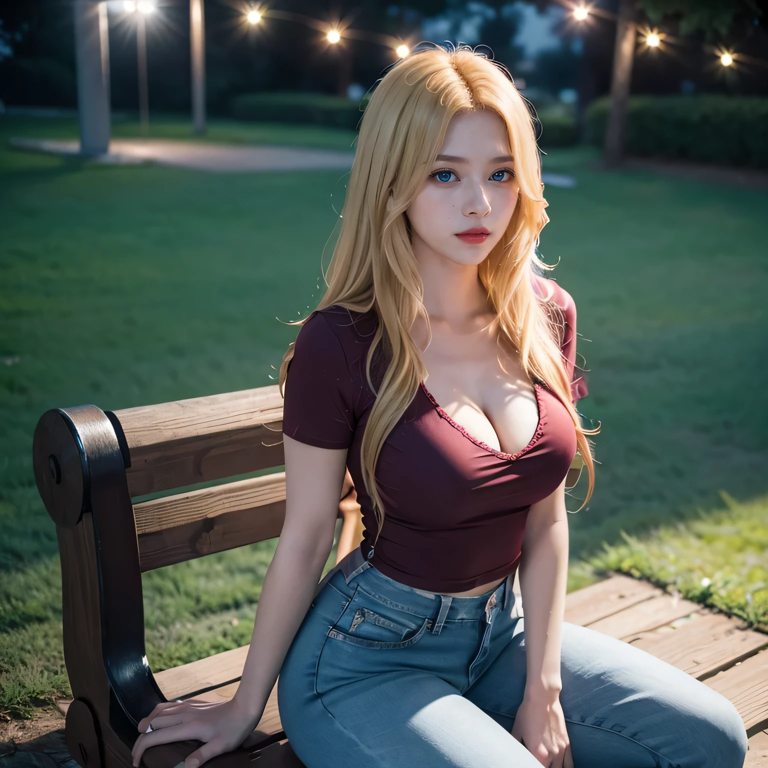 1 chica, (Blue Eyes), (risita :1.2), (Sana Minatozaki), Caderas anchas, tetas grandes, gran culo, (Mejor calidad, 8K, Obra maestra: 1.3), Enfoque claro: 1.2, Belleza del cuerpo perfecto: 1.4, abdominales fuertes :1.2, textura muy detallada de la cara y la piel, ojos detallados, double eyelids, ojos delineados de negro, labios rojos(pelo largo rubio), camiseta escote, vaqueros, mirando la camara, sitting in a parque de noche, parque de noche :1.2, tira de bombillas en el fondo, profundo en el campo, fondo borroso