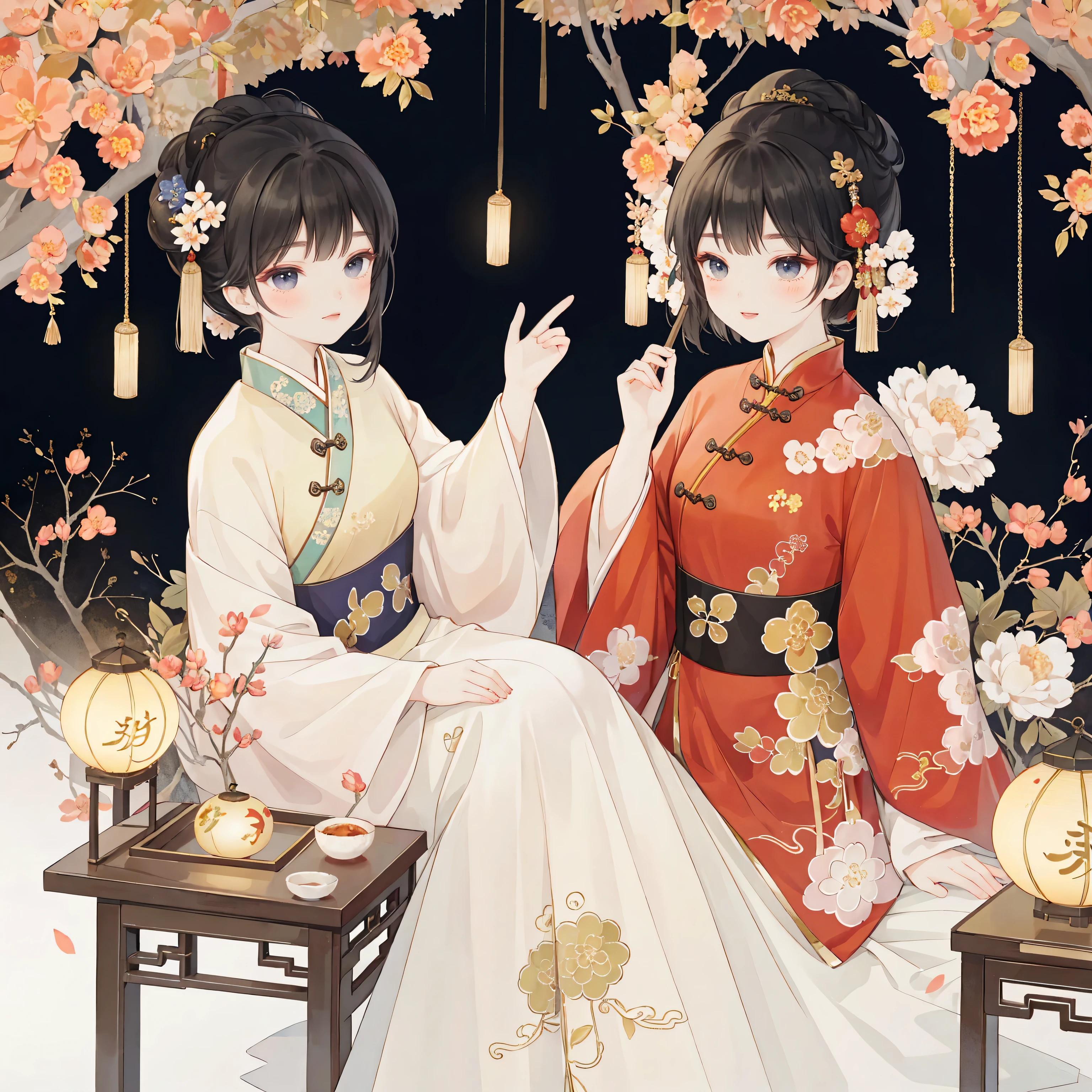(1 Cheongsam beauty:1.4), sitting, look up, Mid-Autumn Festival atmosphere, Chinese style illustration style, the art of mathematics, simple background, masterpiece on white background, best quality, super detailed, high quality, 4k