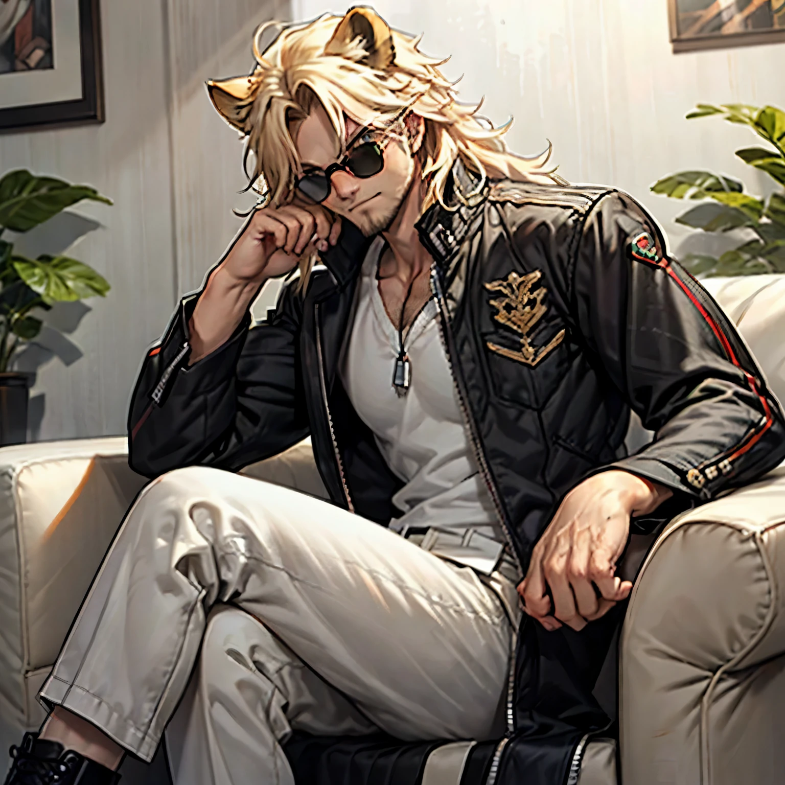 Black jacket, ((one male)), lion ears, long hair, blond, blond hair, green eyes, tall, muscular, white shirt, ((beautiful face)), ((highest quality)), ((masterpiece)), ((2d)), (anime), perfect face, (((highest detail))), feline eyes, stubble, lion tail, wavy hair, (far shot), (((detailed face))), intricate details, ((sitting on white couch)), white background, black boots ((red sunglasses)), (((human hands)))