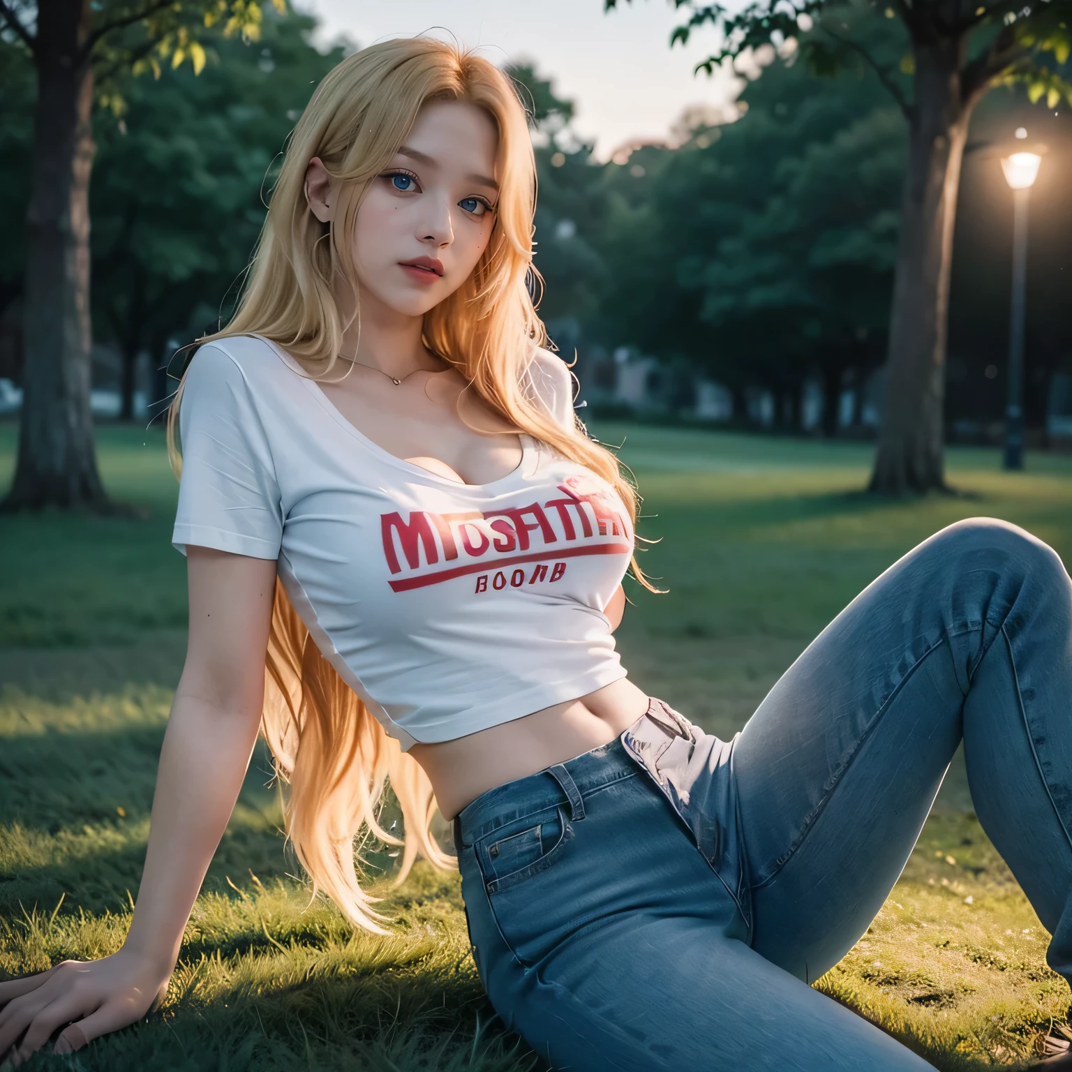 1 chica, (Blue Eyes), (risita :1.2), (Sana Minatozaki), Caderas anchas, tetas grandes, gran culo, (Mejor calidad, 8K, Obra maestra: 1.3), Enfoque claro: 1.2, Belleza del cuerpo perfecto: 1.4, abdominales fuertes :1.2, textura muy detallada de la cara y la piel, ojos detallados, double eyelids, ojos delineados de negro, labios rojos(pelo largo rubio), camiseta escote, vaqueros, mirando la camara,sitting on the grass in a park at night, tarde en la noche en el parque :1.2, tira de bombillas en el fondo, profundo en el campo, fondo borroso