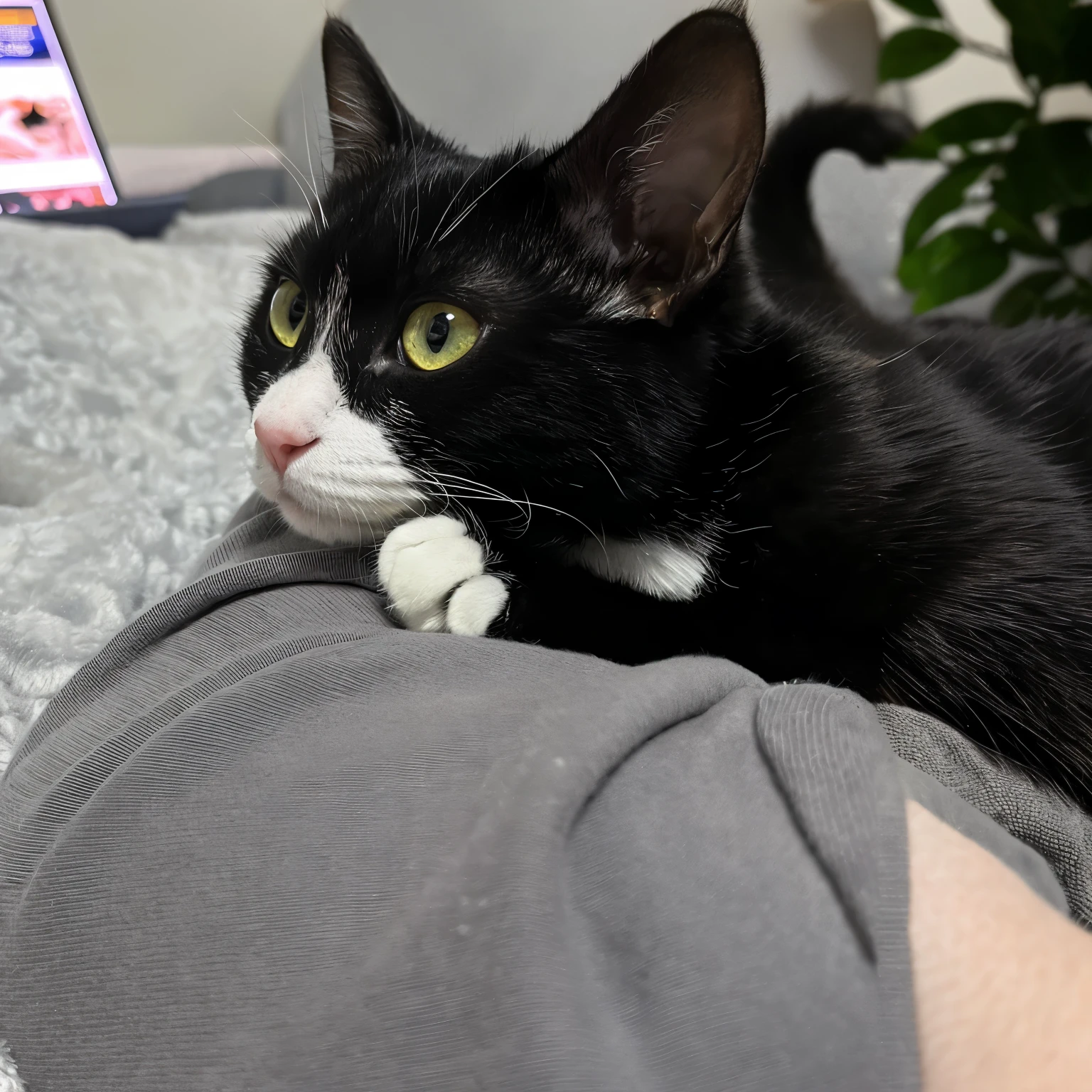 A black and white cat is lying on a person's lap, Speaking up to the camera, Looking away from the camera, looking away from the camera, resting on chest, is looking at the camera, with a little cat on my lap, looking at the camera, put one's hand on his cheek, glare at the camera, over his shoulder, looking at the camera, photorealistic,realistic,photography,masterpiece,best quality,very detailed,very detailed CG Unity 8k 벽지,1 woman,oversized cat,outdoors,on the meadow,