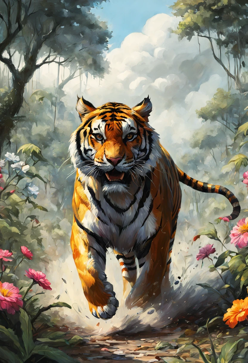 coomplex illustration of a mighty tiger in the jungle very fast  running to the viewer, trees and flower,  in a massive cloud of dust, agression, anger, hyperrealistic scene, heavy rain, detailed focus, art by Aaron Jasinski, epic fantasy scene, vivid colors, Enchanted Masterpiece, Fantasycore, Award-Winning, Masterpiece,  contrast, faded,   
style of Jean Baptiste Monge, Thomas Kinkade, David Palumbo, Carne Griffiths.