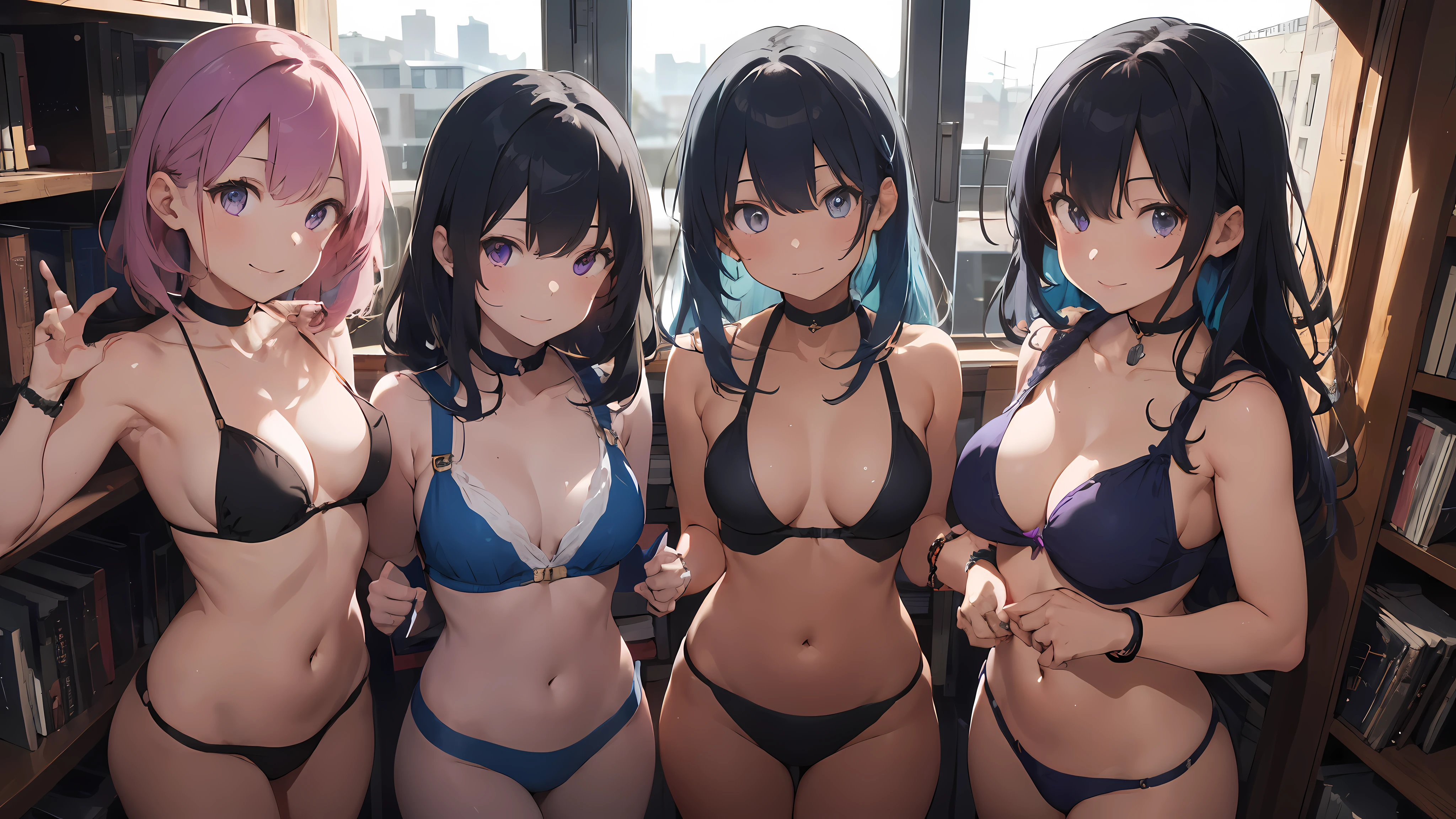 ((3girls)), 18 year old girls, blue hair, pink hair, purple hair, big sad eyes, sweet smile, small breasts, thin hips, choker collar, wrist bracelets, black bikinis, standing, bookstore, bookcases, books, open door, open window, evening, nighttime, dramatic lighting, cinematic lighting, masterpiece, best quality