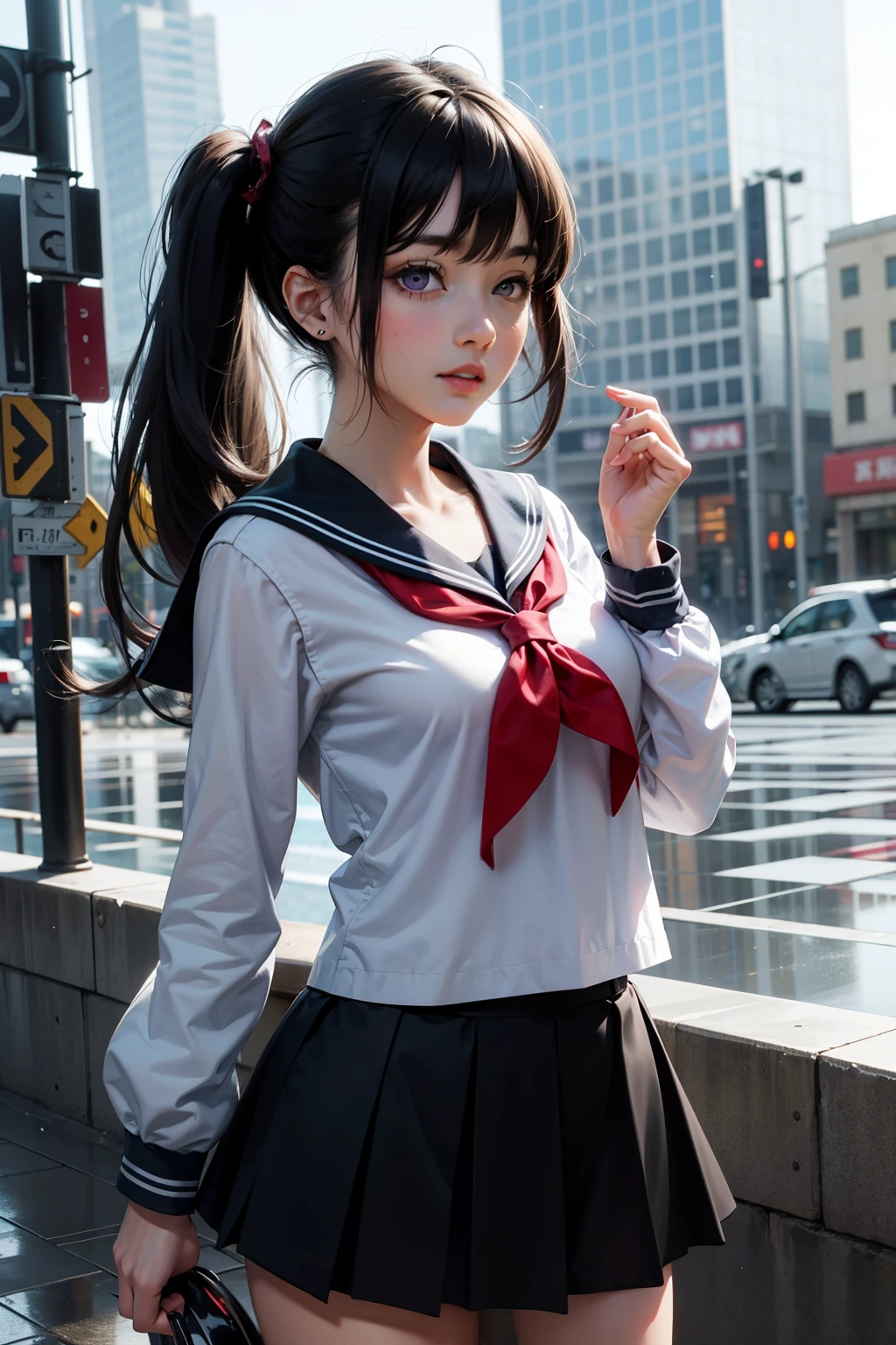girl　purple eyes　sailor suit　Black hair twintails rainy day　city


