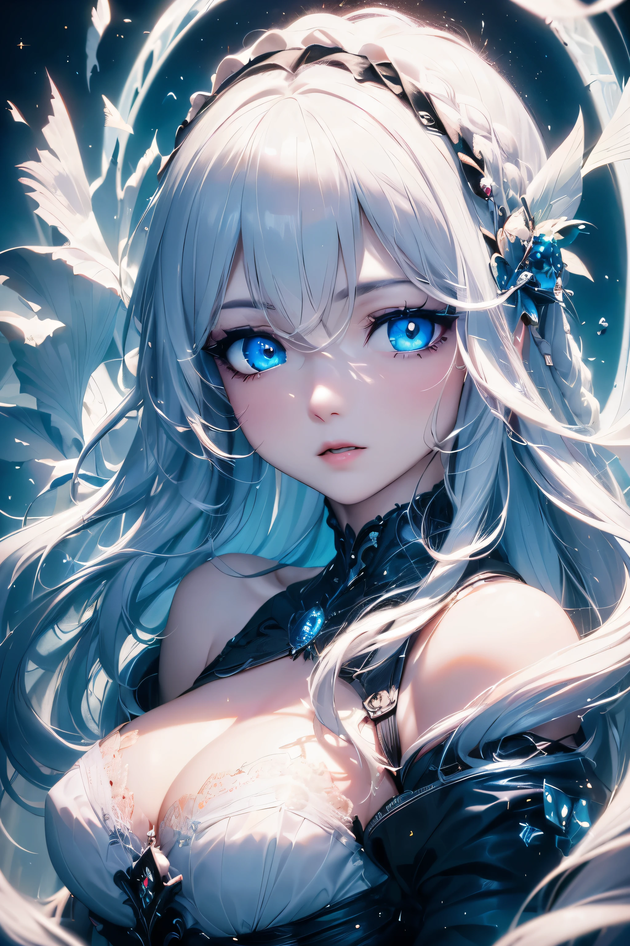 4K quality:1.2,1 girl,sense of depth,confused,catch light,Super beautiful illustration,((white,long hairstyles:1.3)),dark dark eyeshadow,(((4k,super beautiful,In detail,blue eyes))),bright red lipstick,Gothic ta,;D,beautiful and delicate hair