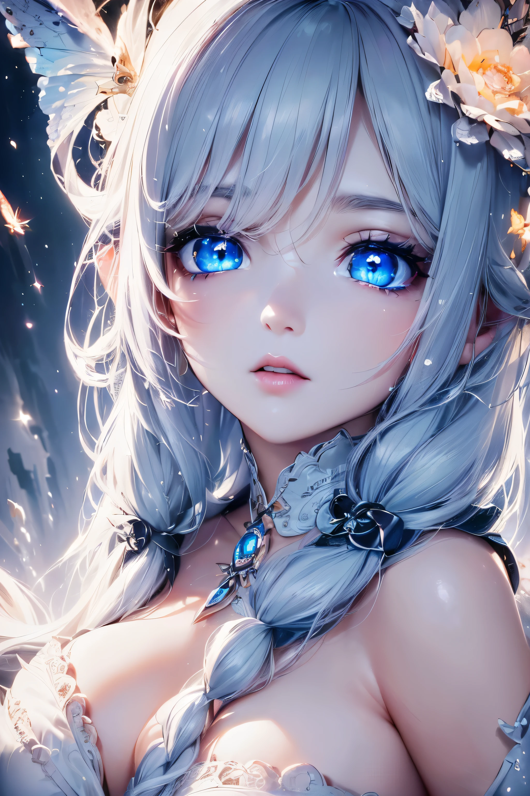 4K quality:1.2,1 girl,sense of depth,confused,catch light,Super beautiful illustration,((white,long hairstyles:1.3)),dark dark eyeshadow,(((4k,super beautiful,In detail,blue eyes))),bright red lipstick,Gothic Lolita,;D,beautiful and delicate hair
