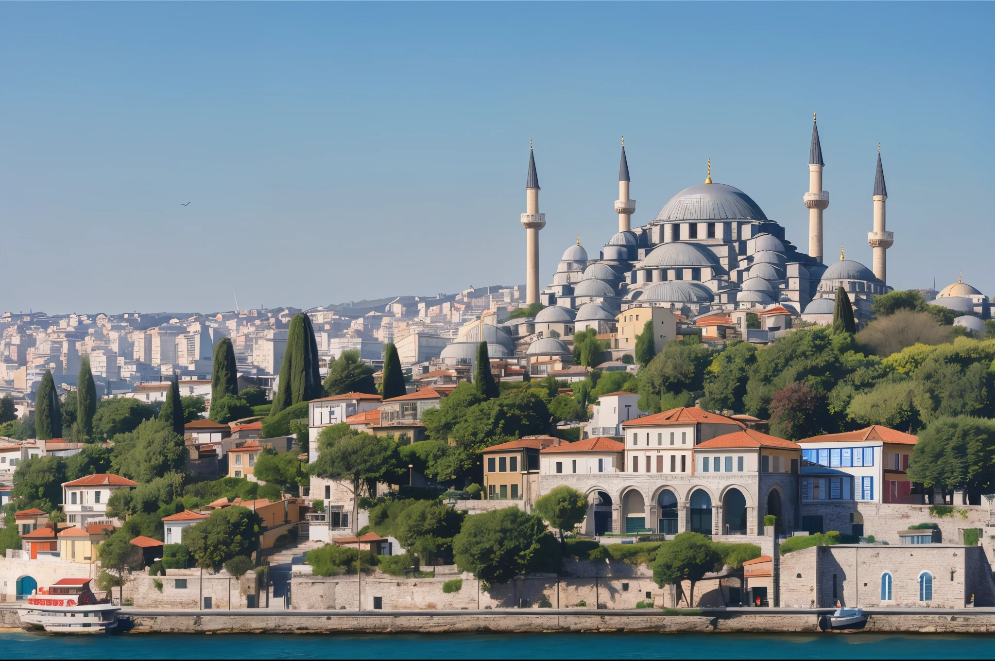 (Masterpiece, Best Quality), Highres, (8k resolution), Photorealistic, (Cityscape panoramas, Panoramic Cityscapes), View from the sea, Water-level shot, (Horizontal coast, Horizontal Horizon coast line), Reflection in water, (City of Istanbul, Sainte Sophie), (Breathtaking details, Intricate details), Stunning realism, Urban contrast, Glimmering sea, Mediterranean charm, Vibrant colors, Captivating light, Urban magnificence, Mediterranean radiance, High reliefs 