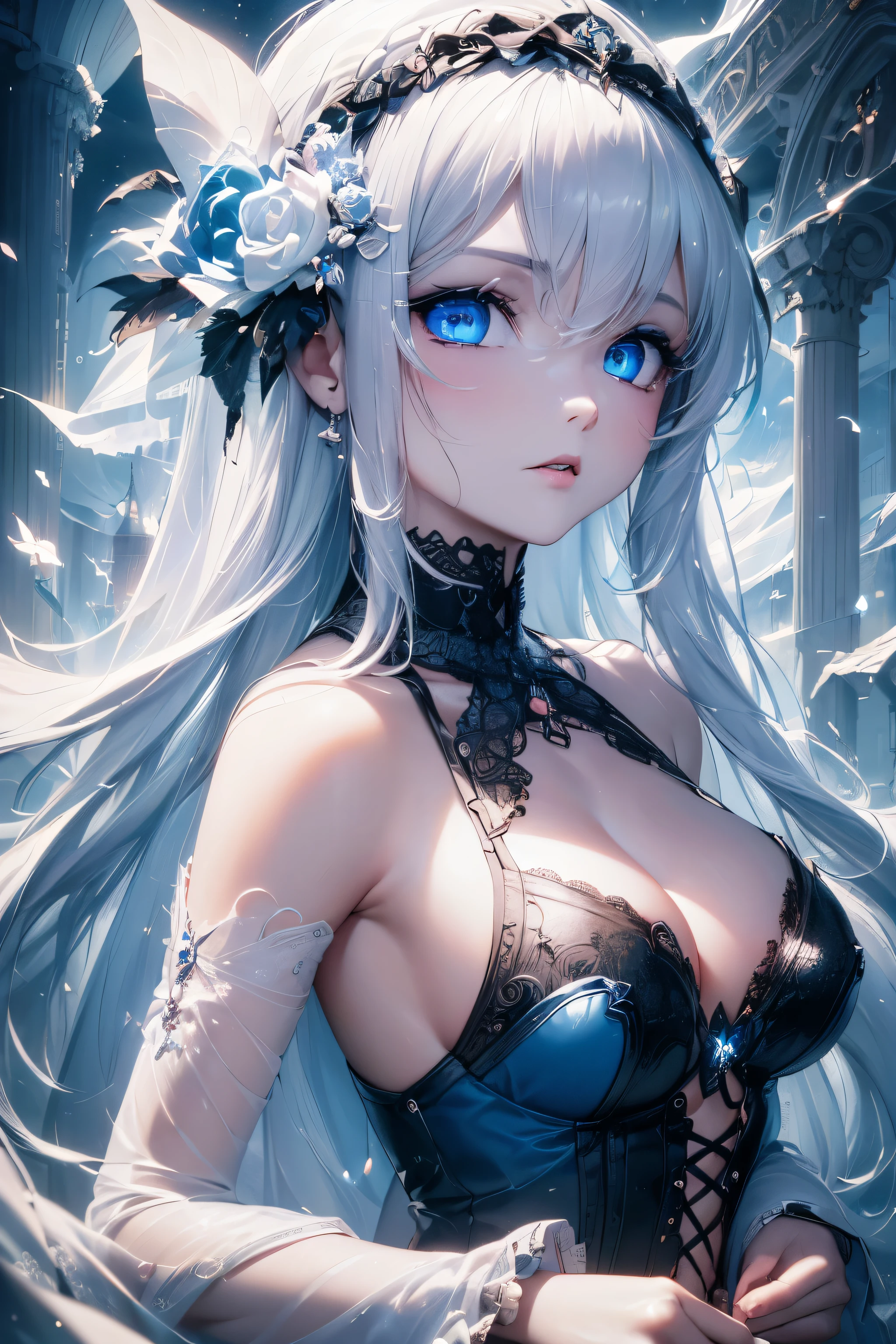 4K quality:1.2,1 girl,sense of depth,confused,catch light,Super beautiful illustration,((white,long hairstyles:1.3)),dark dark eyeshadow,(((4k,super beautiful,In detail,blue eyes))),bright red lipstick,Gothic ta,;D,beautiful and delicate hair
