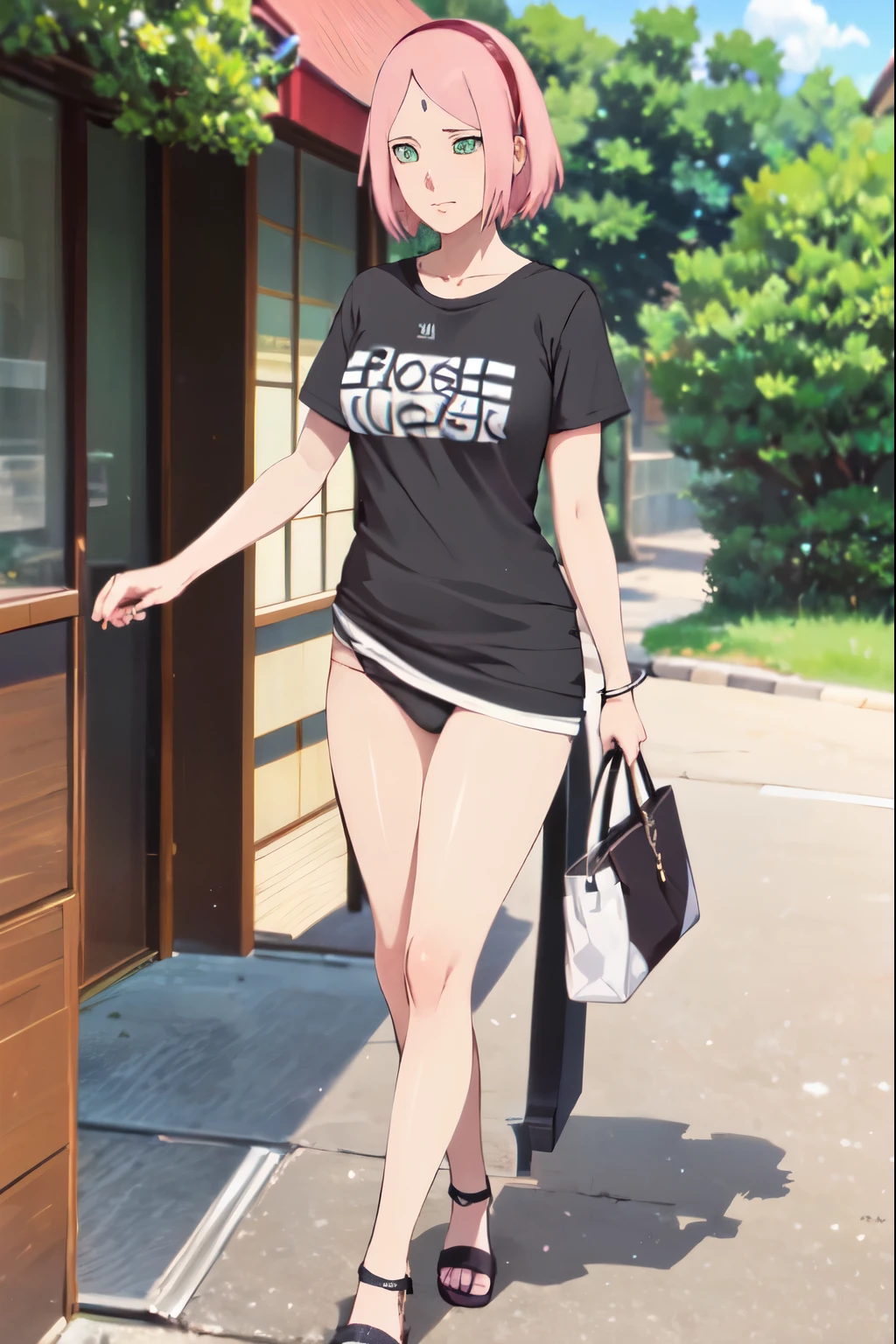 Zakura haruno , usando camiseta blanca que tiene escrito la palabra i love sex, que cubre sus partes intimas, usando sapatillas negras, caminando en una pasarela