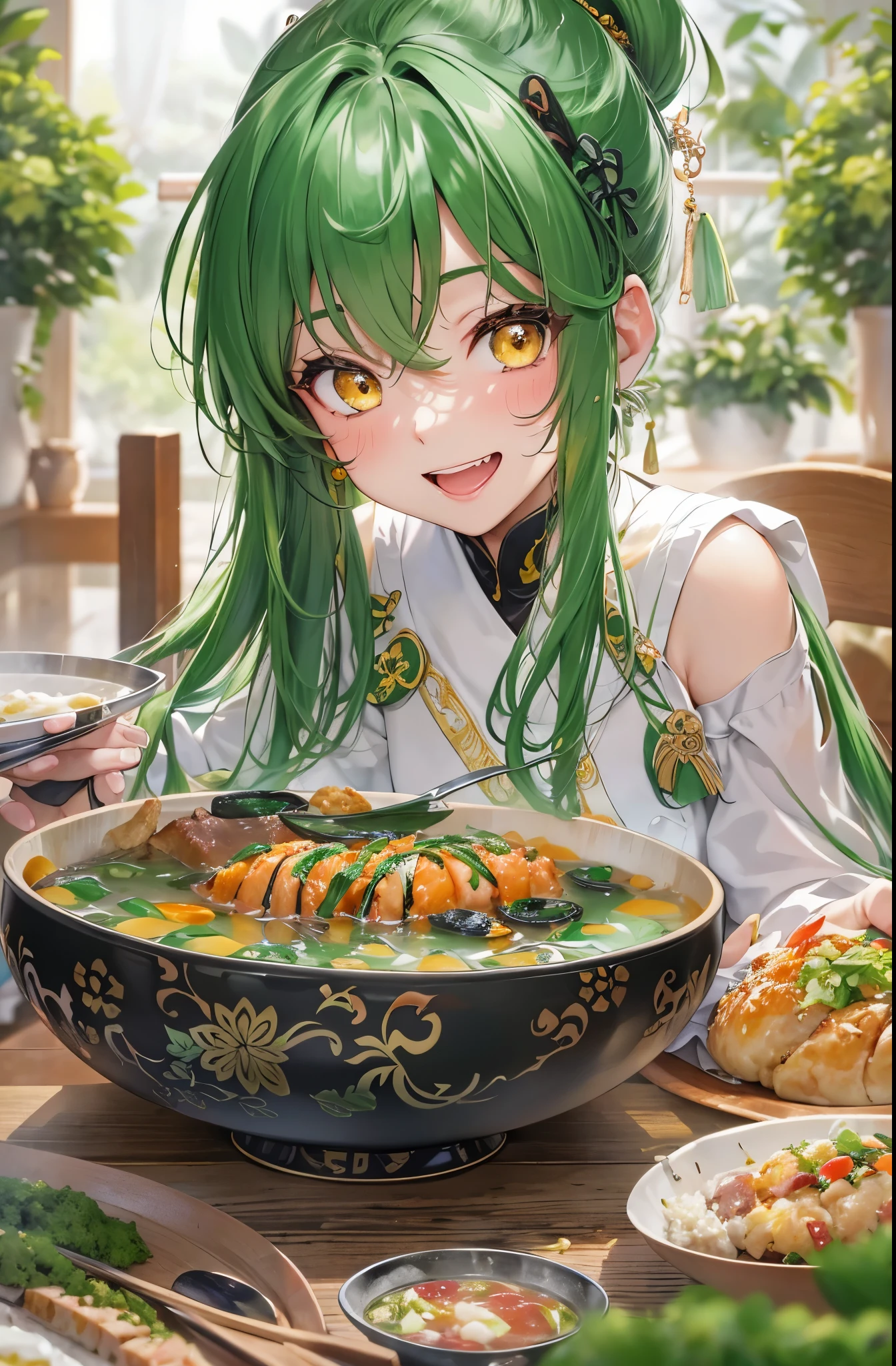 (solo ponytail green hair long hair cute girl, , yellow eyes, smile), there is a black bowl with food in it on a table, closeup at the food, korean supper, yummy, rice, very tasty, salmon khoshroo, daopao, eeri, aokamei, cooked, yum, food blog photo, wok, very ornate, by Simon Gaon, dish, very very happy!, by Adam Manyoki, break, perfect anatomy, masterpiece:1.2, best quality, 8k, beautiful detailed grow, daydreaming expression.