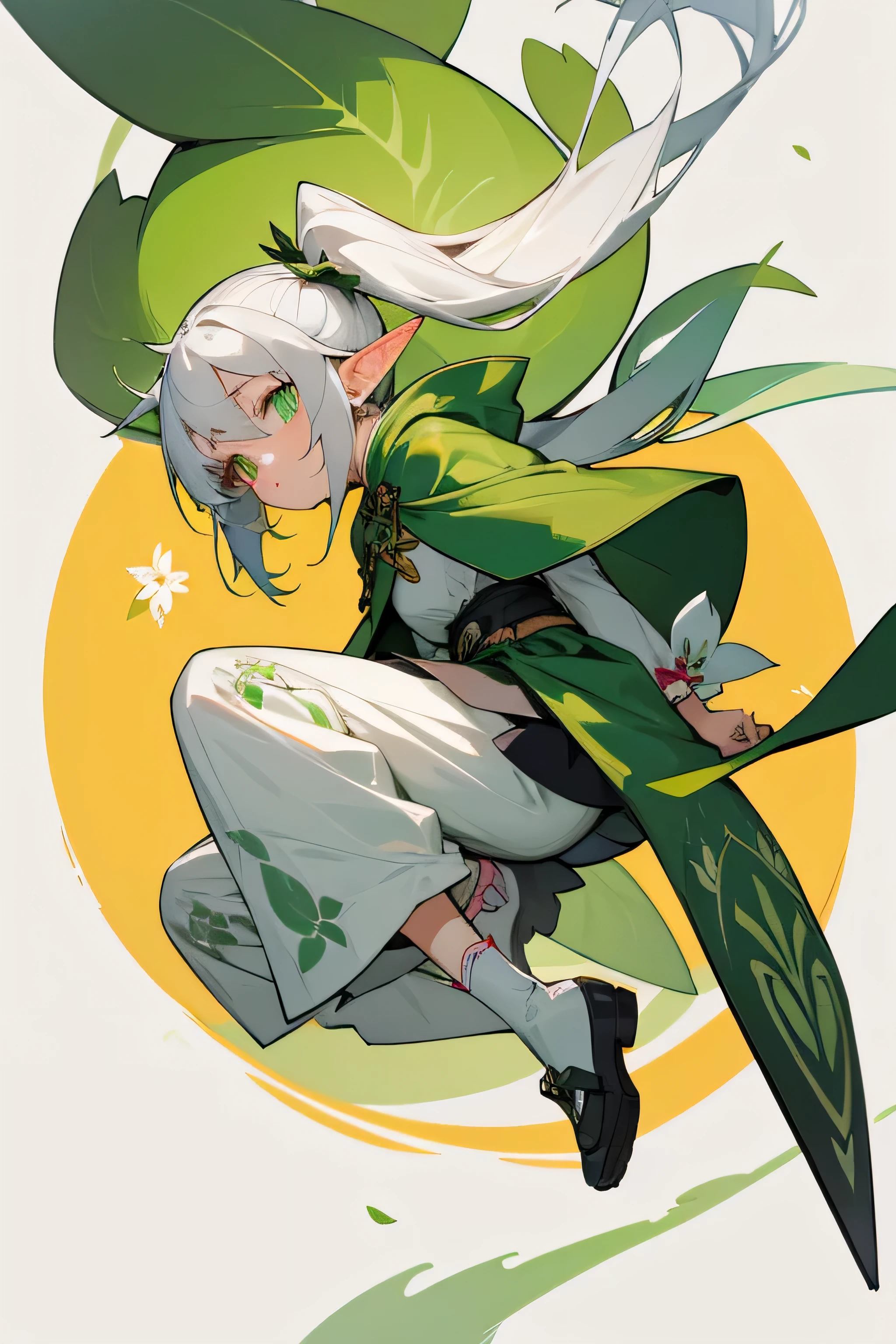 A cute little loli,Has a pair of cute elf ears。Her long white to gray hair was tied into a side ponytail.,The obvious green gradient at the end of the hair is the highlight。Naseda ground floor's The iris is dark green,The cross-shaped pupils are light green four-leaf clovers,There is a dark green line around it as an edge decoration。Nasheeda wears a green cloak,Wearing a white flower bud skirt with an A-line children's clothing'There is an S skirt inside,Full of innocence。She is wearing white pumpkin pants,There are golden lines on the surface of the skirt,Light green leaf pattern on the inside。Where are the feet??,Wearing white socks on feet,Shoes with metallic patterns on the outside。anime style,Front view