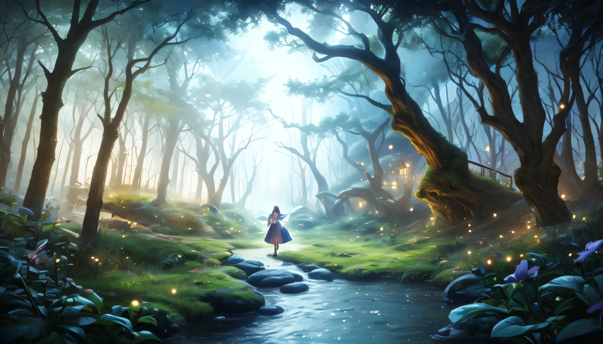 A woman stands on a bridge in the forest, fairyland bridge, quirky fantasy landscape art, enchanted magical fantasy forest, wide angle fantasy art, magical environment, Beautiful rendering of a fairy tale, magical fantasy forest, Beautiful art UHD 4K, detailed fantasy digital art, 4K high definition digital art, Enchanting and magical forest, fantasy art landscape