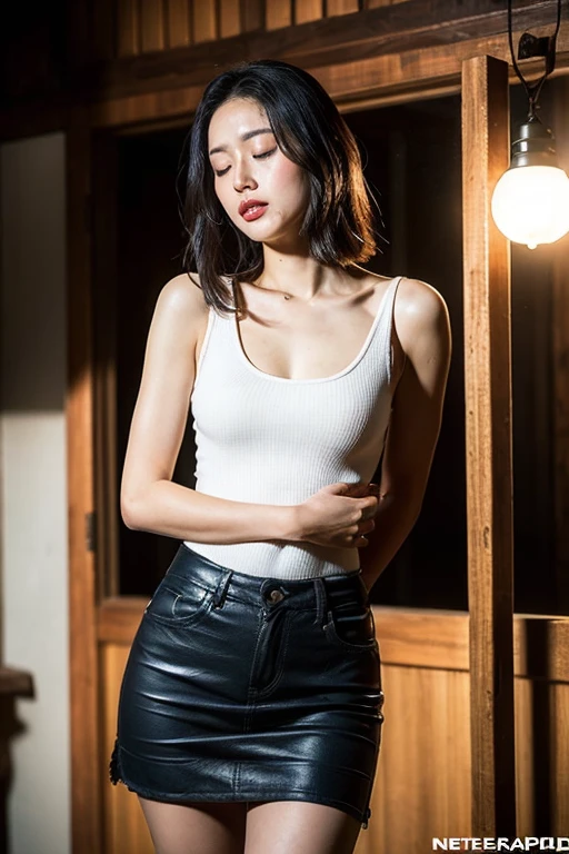(8K, above-thigh photo, close-up photo), (1 woman, 26 years old, ((Beautiful Japanese face: 1.8, neat face, delicate face), standing,), unconscious, eyes closed Half-open and empty, mouth slightly open),smooth skin, slender body, vest line, sweaty legs, (hands tied behind the back), tank top, flared skirt, (nothing) Not Dirty Dungeon, Beautiful Artwork, Exquisite Environmental Details), Edo Period Japan, (Professional Lighting, Animation Lighting), (Cinema Lens, Hasselblad Photo Collection, Masterpiece: 1.3), (Fashion Art, Trend Setting , Artis, Art Platform)