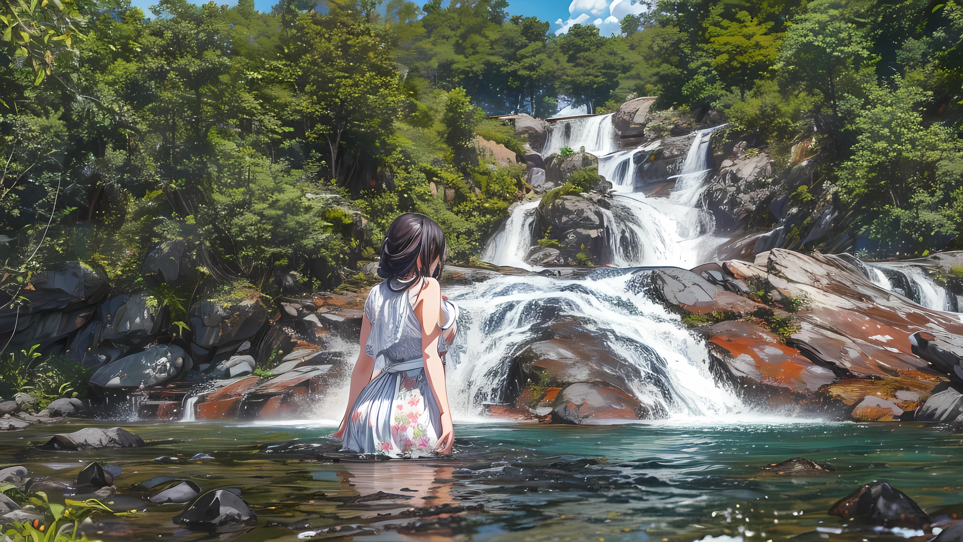 High detail, 8K, ultra HD, high quality, Anime studio, create a image relistict, lighting , softlight, waterfall beautifull