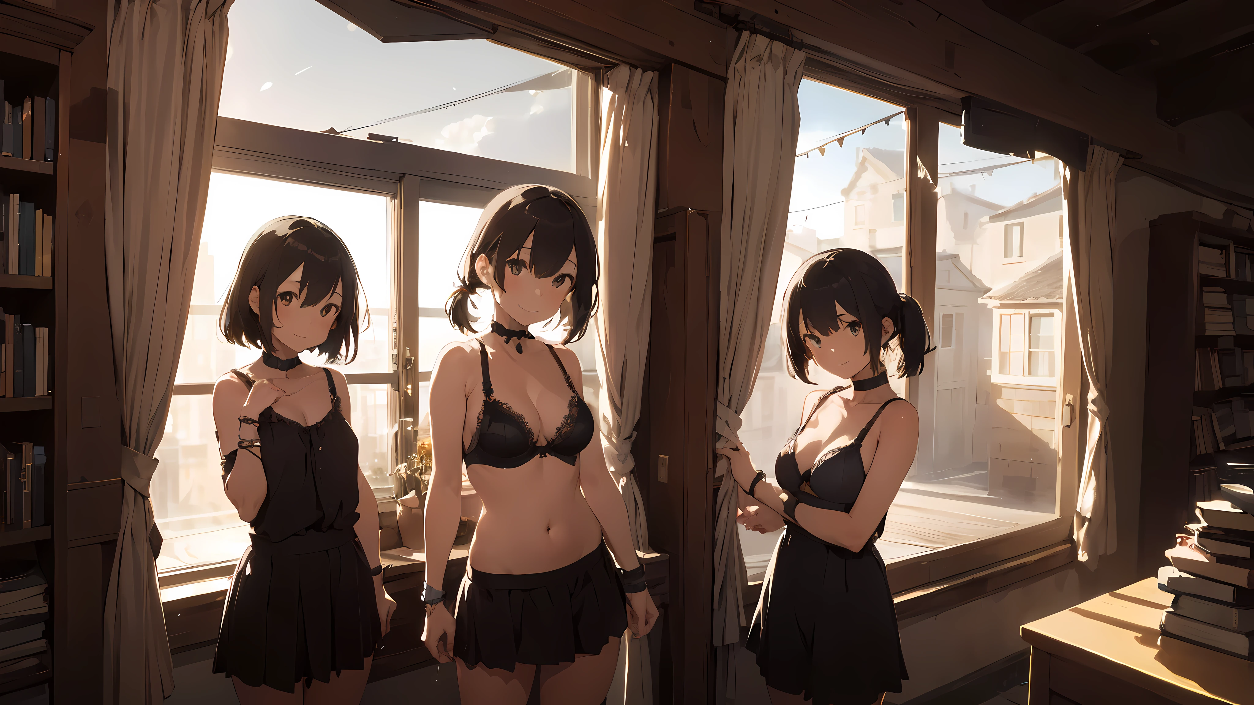 ((3girls)), smiling, choker collar, wrist bracelets, bra, panties, standing, bookstore, bookcases, books, open door, open window, evening, nighttime, dramatic lighting, cinematic lighting, masterpiece, best quality