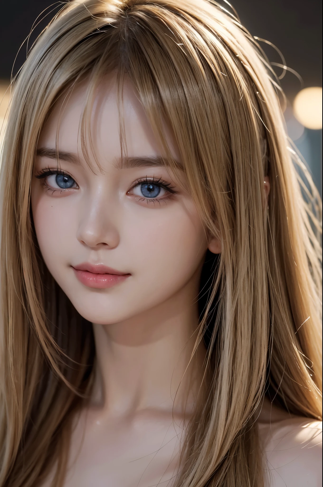 (Ultra Realistic), (Illustration), (Increased Resolution), (8K), (Extremely Detailed), (Best Illustration), (Beautiful and Detailed Eyes), (Best Quality), (Ultra Detailed), (Masterpiece ), ( wallpaper), (detailed face), solo, 1 girl, Charming Russian model Nata Lee, light blonde straight hair, looking at viewer, fine details, detailed face, in the dark, deep shadows, low key, pureerosfaceace_v1, smiling, long hair, 46 points oblique bangs.
