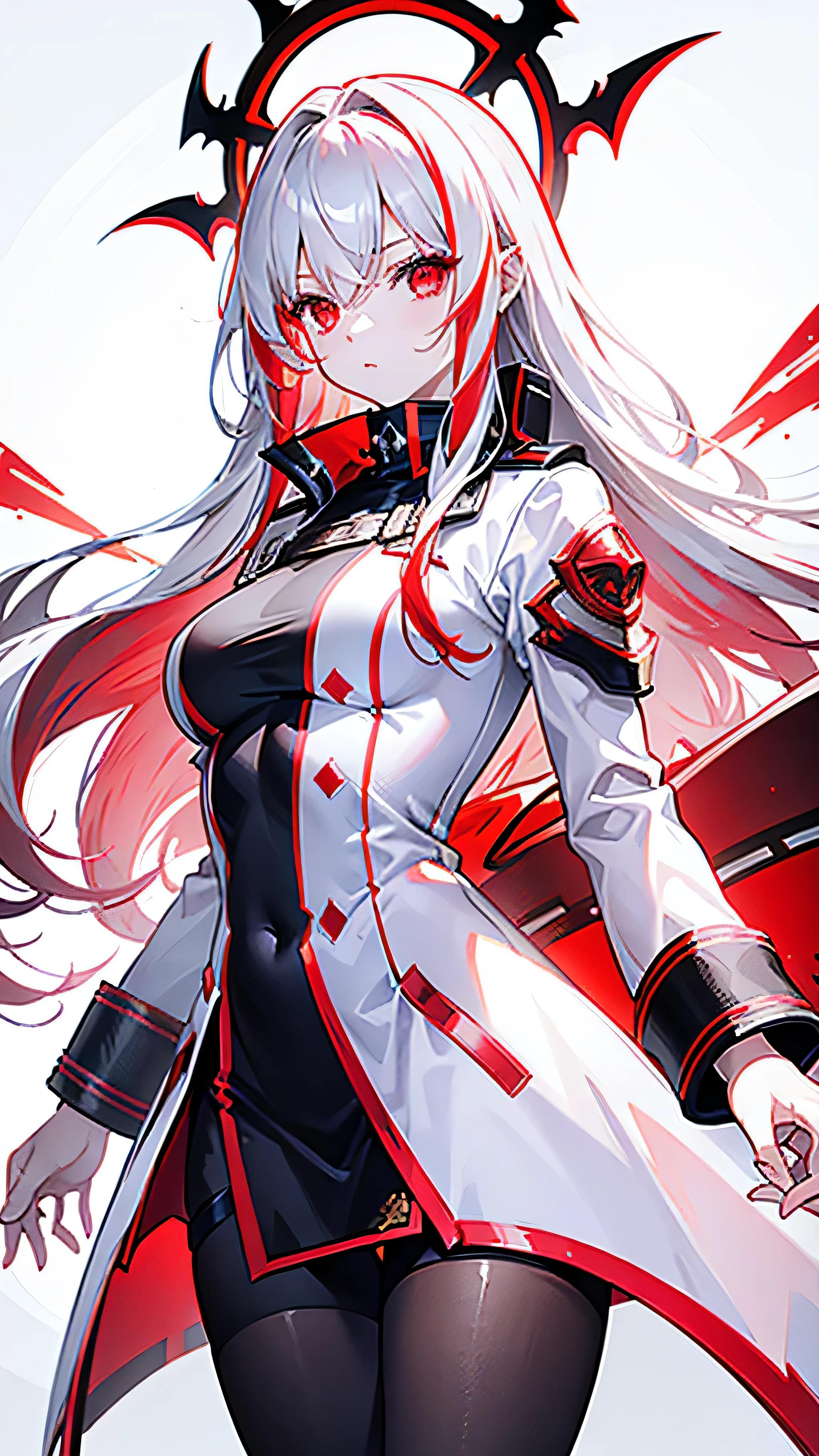 Highres, high quality, Epic light atmosphere, stunning 4k artwork featuring a female maiden, Red eye glowing, White long hair with red highlight,White clothes, jacket on shoulders, demon female, black legwear.

