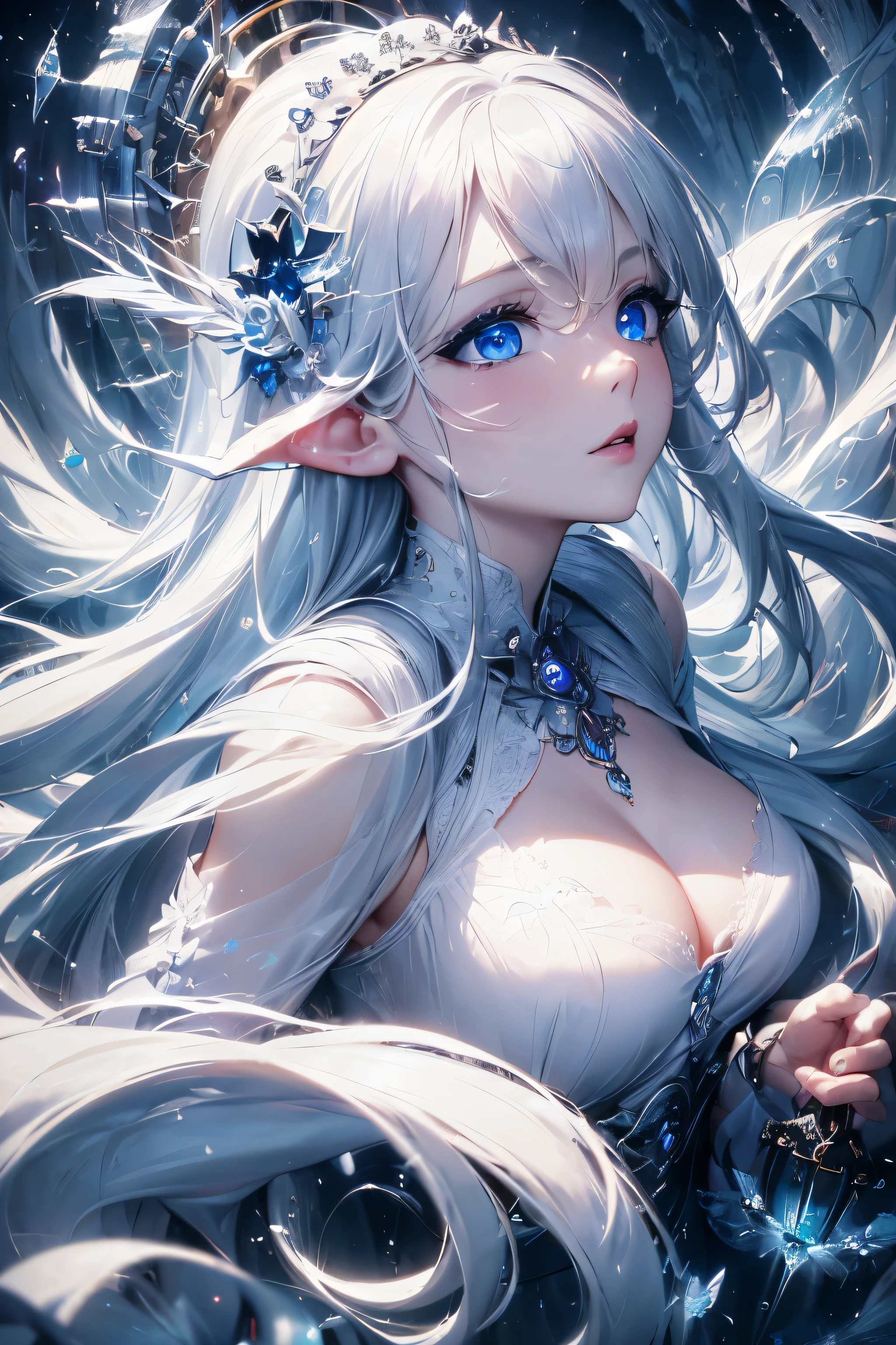 4K quality:1.2,1 girl,sense of depth,confused,catch light,Super beautiful illustration,((white,long hairstyles:1.3)),dark dark eyeshadow,(((4k,super beautiful,In detail,blue eyes))),bright red lipstick,Gothic ta,;D,beautiful and delicate hair