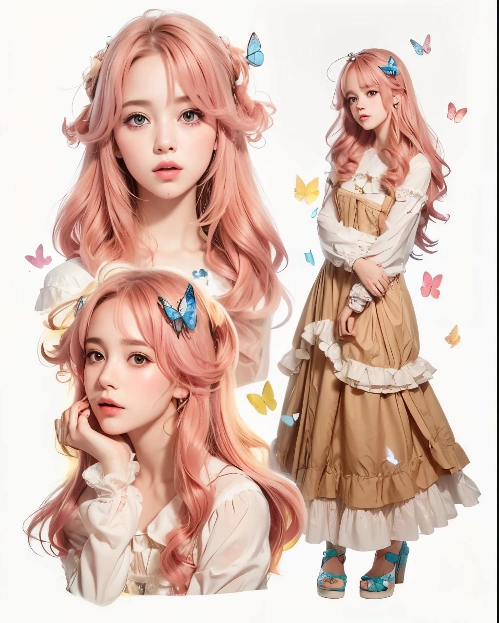 Hay cuatro fotos de una chica con cabello rosa y cabello de mariposa., fairy core, cute aesthetic with flutter, in bowater art style, estilo de wlop, Retrato realista kawaii, estilo ta, tendencia en cgstation, magical loliirl portrait, peinado kawaii, sakimichan, peinado kawaii, dream middle portrait top light, retrato de lolita