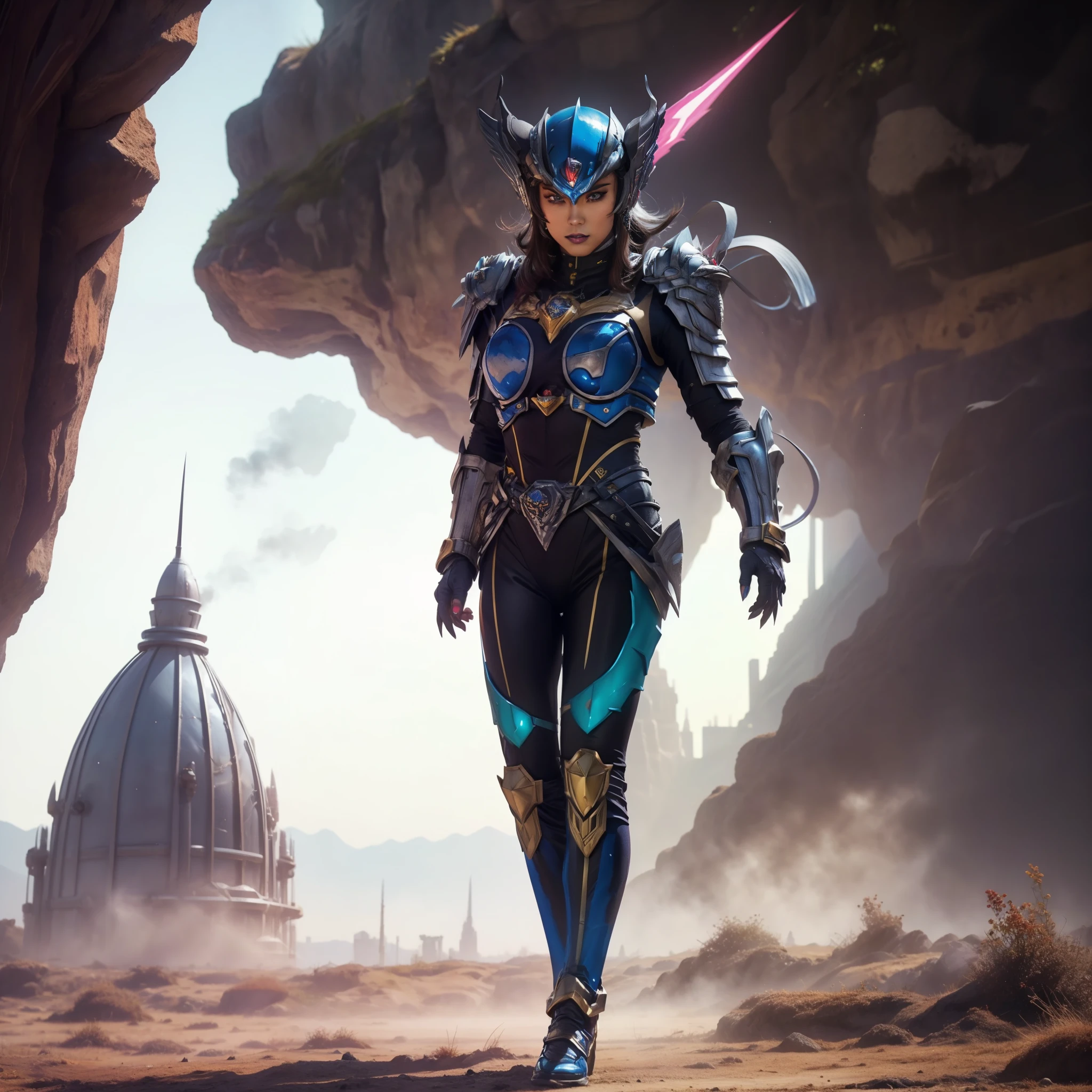 (best quality,4k,8k,highres,masterpiece:1.2),ultra-detailed,(realistic,photorealistic,photo-realistic:1.37),Female Villain commander from Super Sentai,leading a squad of troopes,hypnotic bright eyes,powerful and mysterious aura,dark lipstick and sharp facial features,bold and confident expression,commanding posture,wearing a black tight-fitting bodysuit embellished with silver armor plates,gloves with sharp claws and black boots,animated look of the troopes,each troope wearing a different colored suit: red, blue, yellow, and green,unified troopes' helmets with unique designs matching their suit colors,energy weapons in their hands,futuristic cityscape as the backdrop,neon lights reflecting off their armor,mixed with shadows and mist for a dramatic effect,action-packed scene filled with intense energy,Sci-fi concept art style,vibrant and contrasting colors,enhanced with magenta and electric blue tones,studio lighting,emphasizing the details of the characters and the environment.