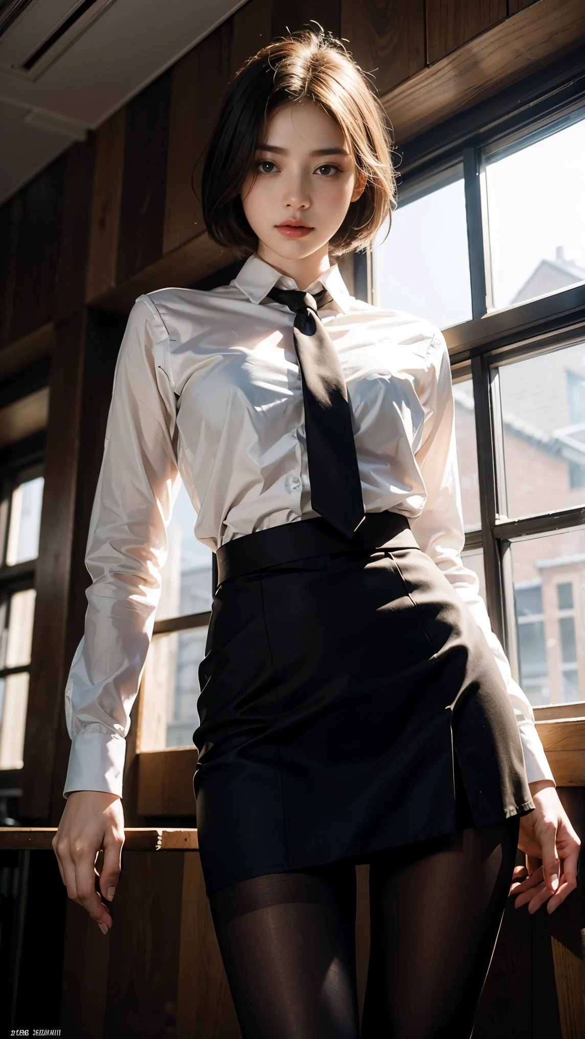 1girl,young girl, shiny skin,big breasts,nice leg line:1.3, thin waist,school uniform, thighhighs,necktie,((pencil skirt)),looking at viewer,from below,full body, ( pantyhose:1.3),(The golden ratio figure),
masterpiece, best quality, best perspective, ultra-detailed and intricate, extremely delicate and beautiful, best quality light, (ray tracing:1.1), anti-aliasing,
realistic,photorealistic,award-winning illustration,(intricate details:1.2),(delicate detailed) (intricate details),(cinematic light,best quality Backlights),clear line,sharp focus,official art,unity 8k wallpaper,absurdres,incredibly absurdres,huge filesize,ultra-detailed,highres,extremely detailed extremely delicate and beautiful,RAW photo, professional lighting,dynamic lighting,light on the face,depthoffield,solofocus,cool beauty,tall woman,black hair,short cut hair,Precisely expresses details such as face and skin texture,beautiful eye,double eyelid,delicate skin,slender body shape,alone,