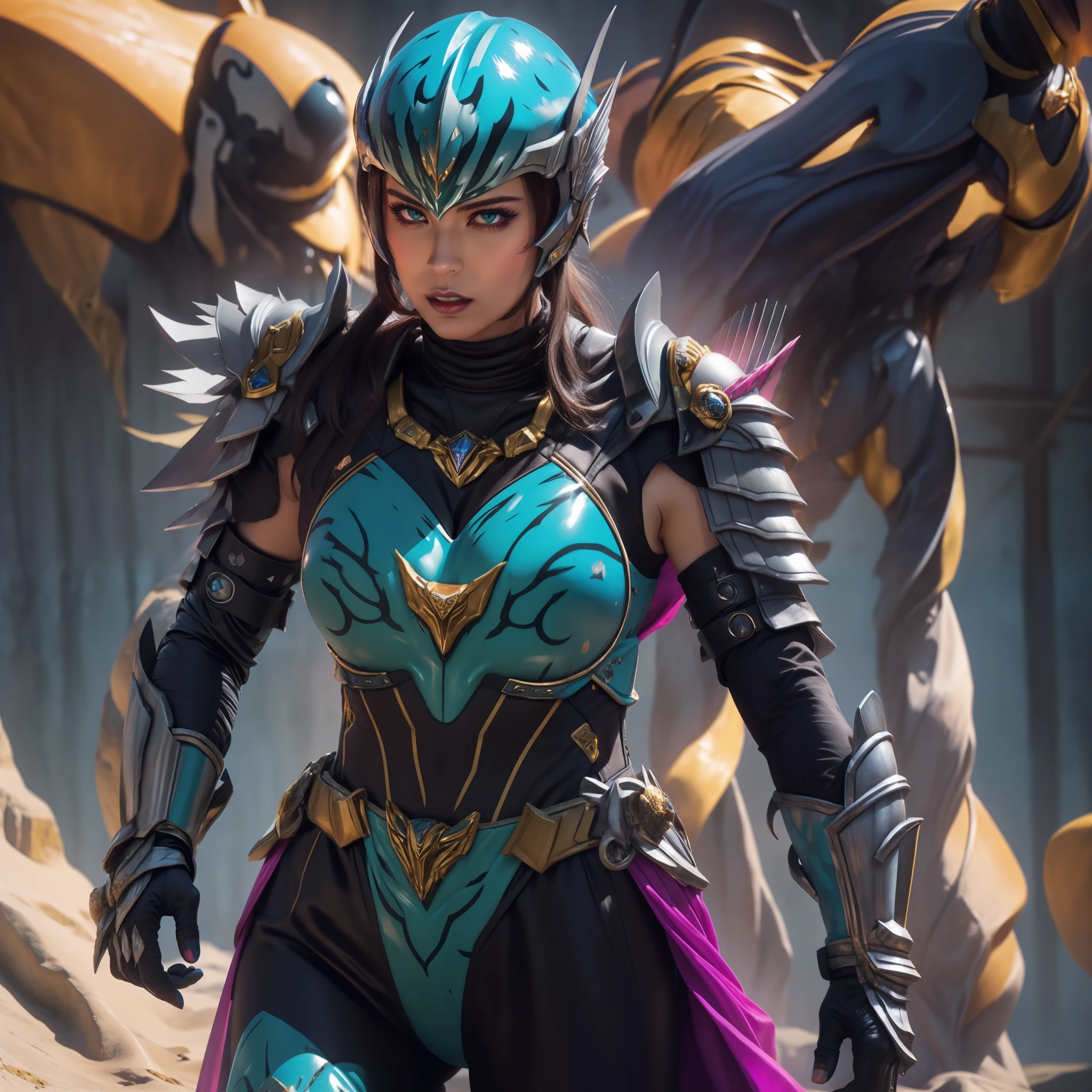 (best quality,4k,8k,highres,masterpiece:1.2),ultra-detailed,(realistic,photorealistic,photo-realistic:1.37),Female Villain commander from Super Sentai,leading a squad of troopes,hypnotic bright eyes,powerful and mysterious aura,dark lipstick and sharp facial features,bold and confident expression,commanding posture,wearing a black tight-fitting bodysuit embellished with silver armor plates,gloves with sharp claws and black boots,animated look of the troopes,each troope wearing a different colored suit: red, blue, yellow, and green,unified troopes' helmets with unique designs matching their suit colors,energy weapons in their hands,futuristic cityscape as the backdrop,neon lights reflecting off their armor,mixed with shadows and mist for a dramatic effect,action-packed scene filled with intense energy,Sci-fi concept art style,vibrant and contrasting colors,enhanced with magenta and electric blue tones,studio lighting,emphasizing the details of the characters and the environment.