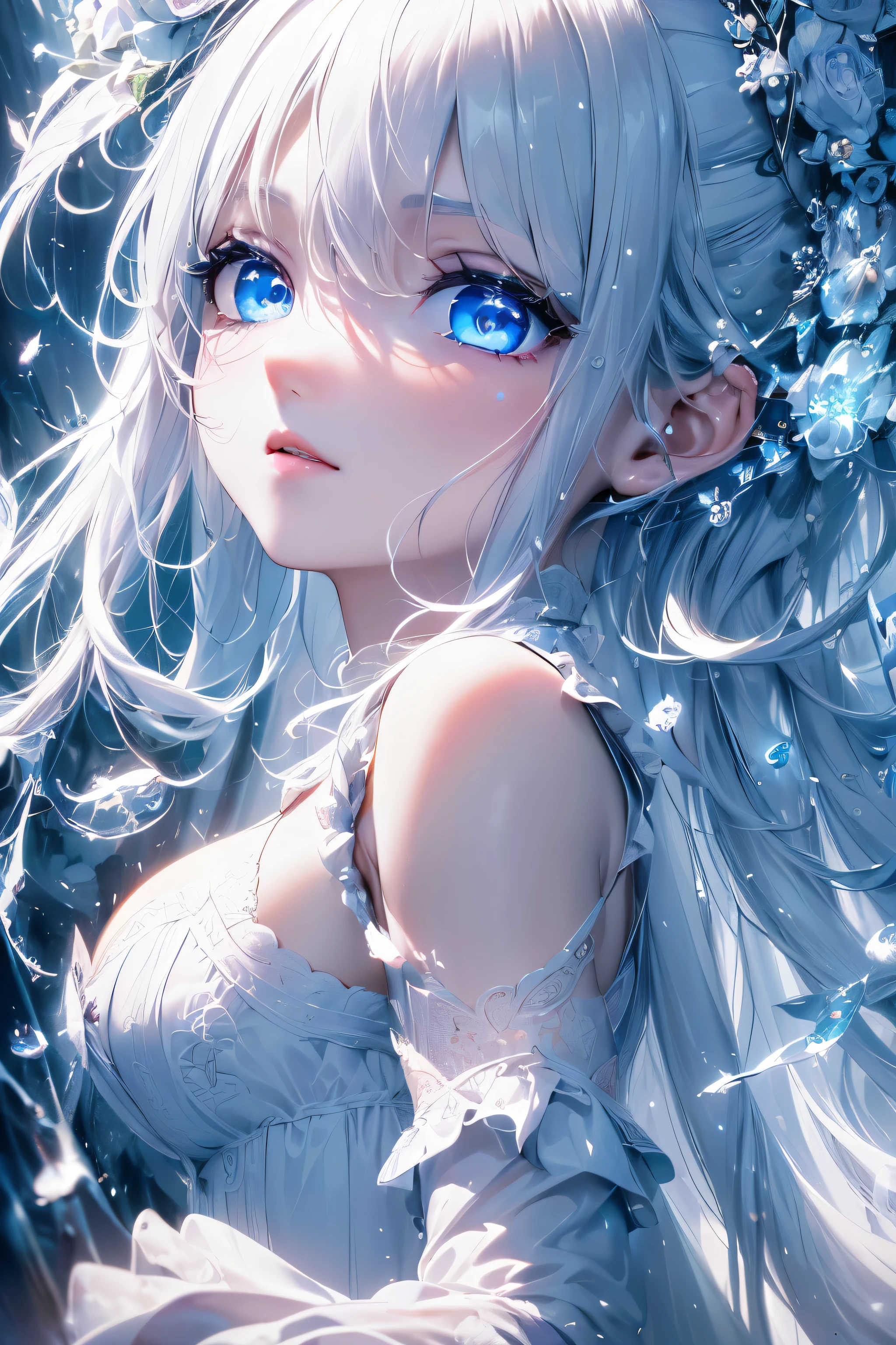 4K quality:1.2,1 girl,sense of depth,confused,catch light,Super beautiful illustration,((white,long hairstyles:1.3)),dark dark eyeshadow,(((4k,super beautiful,In detail,blue eyes))),bright red lipstick,Gothic ta,;D,beautiful and delicate hair