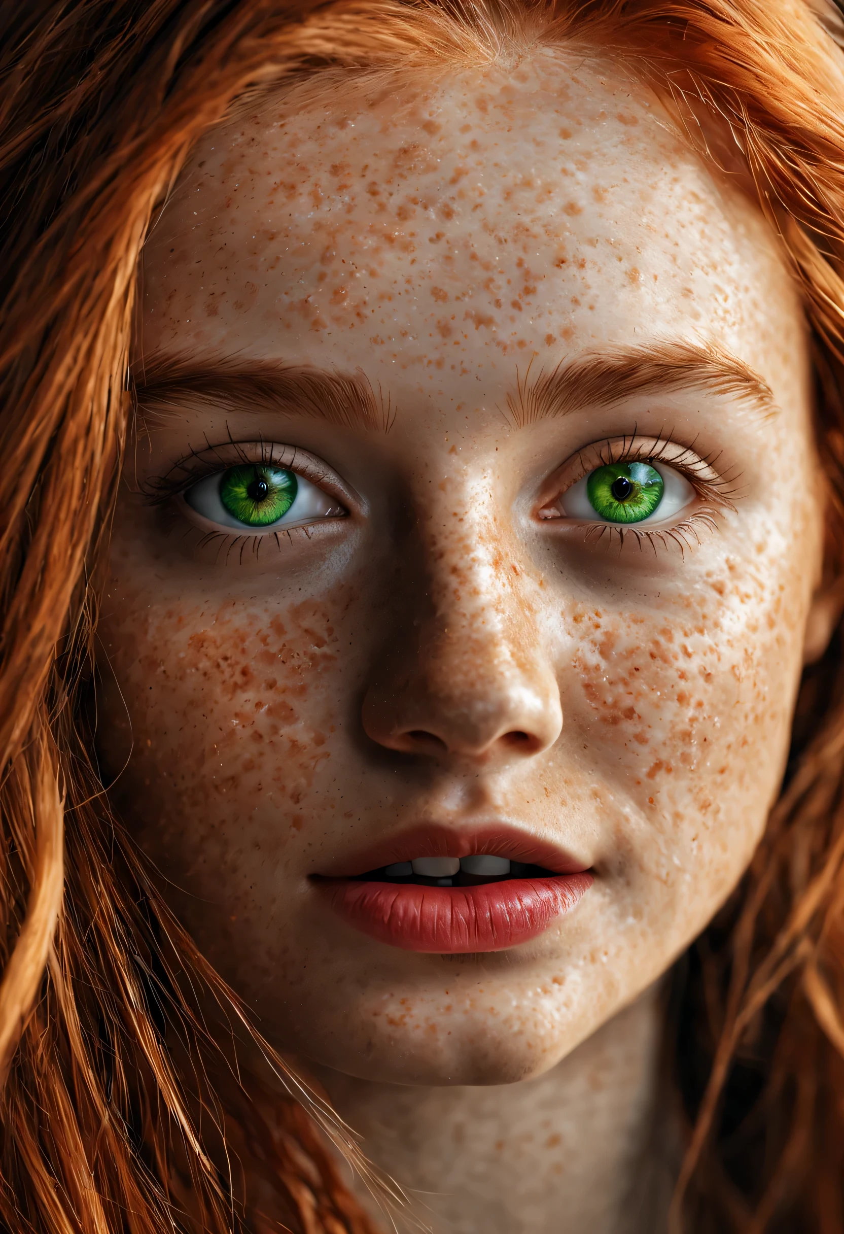blonde young women, green eye, big eyes, serious smile, beautiful face, white skin, pale skin, war markeup, dark forest, real, photorealistic, dynamic angle, cinematic still, 100mm f/2.8 macro lens, close-up, award winning photo, portrait, naked body, upper body focus, freckles, freckles body, realistic, zavy-lghttrl, dark, linquivera