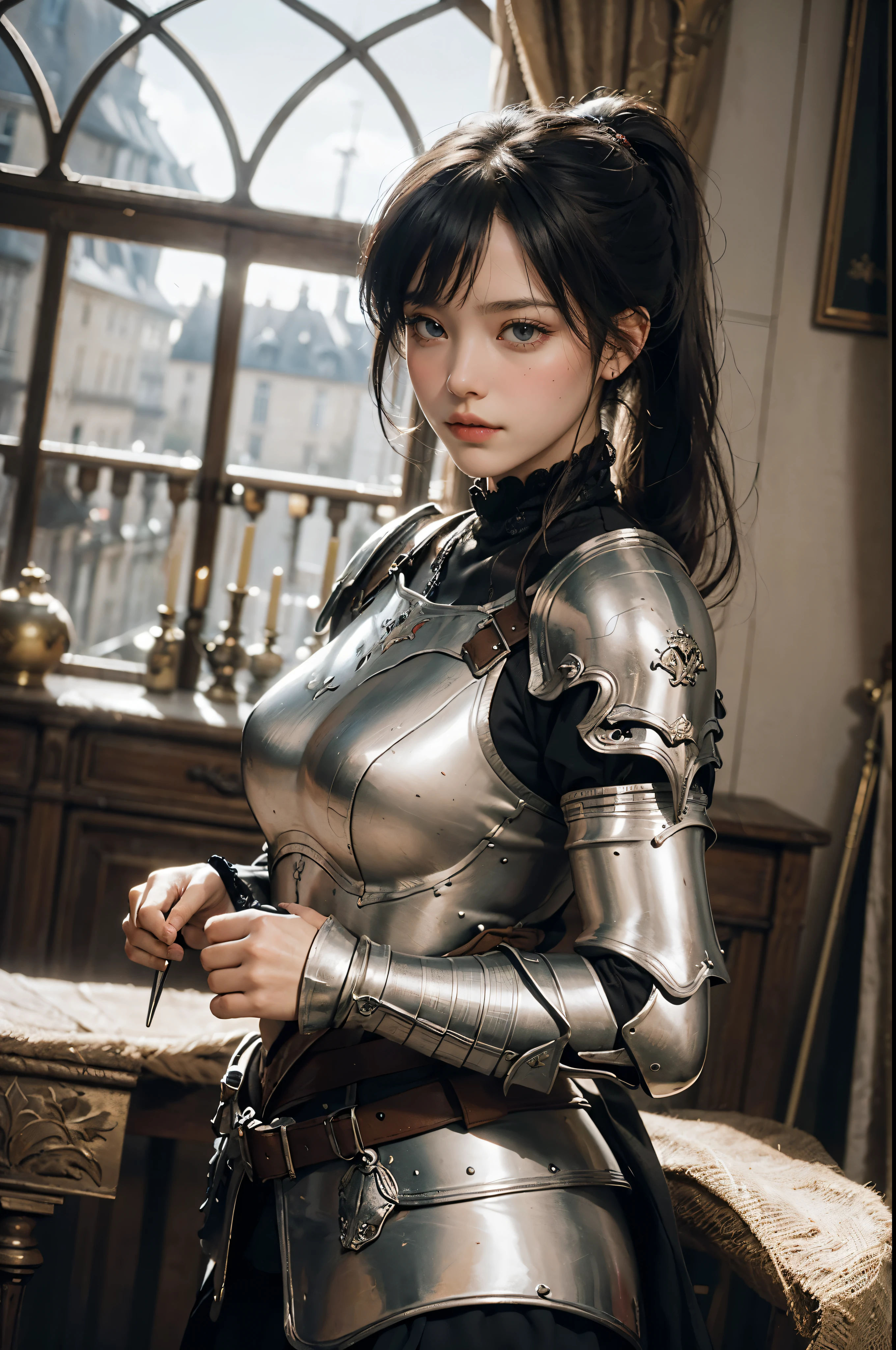 ((Wide angle view of the Hundred Years&#39; War in France)), beautiful young woman, black hair in a ponytail, smooth, สวมชุดเกราะของ Jeanne d&#39;Arc