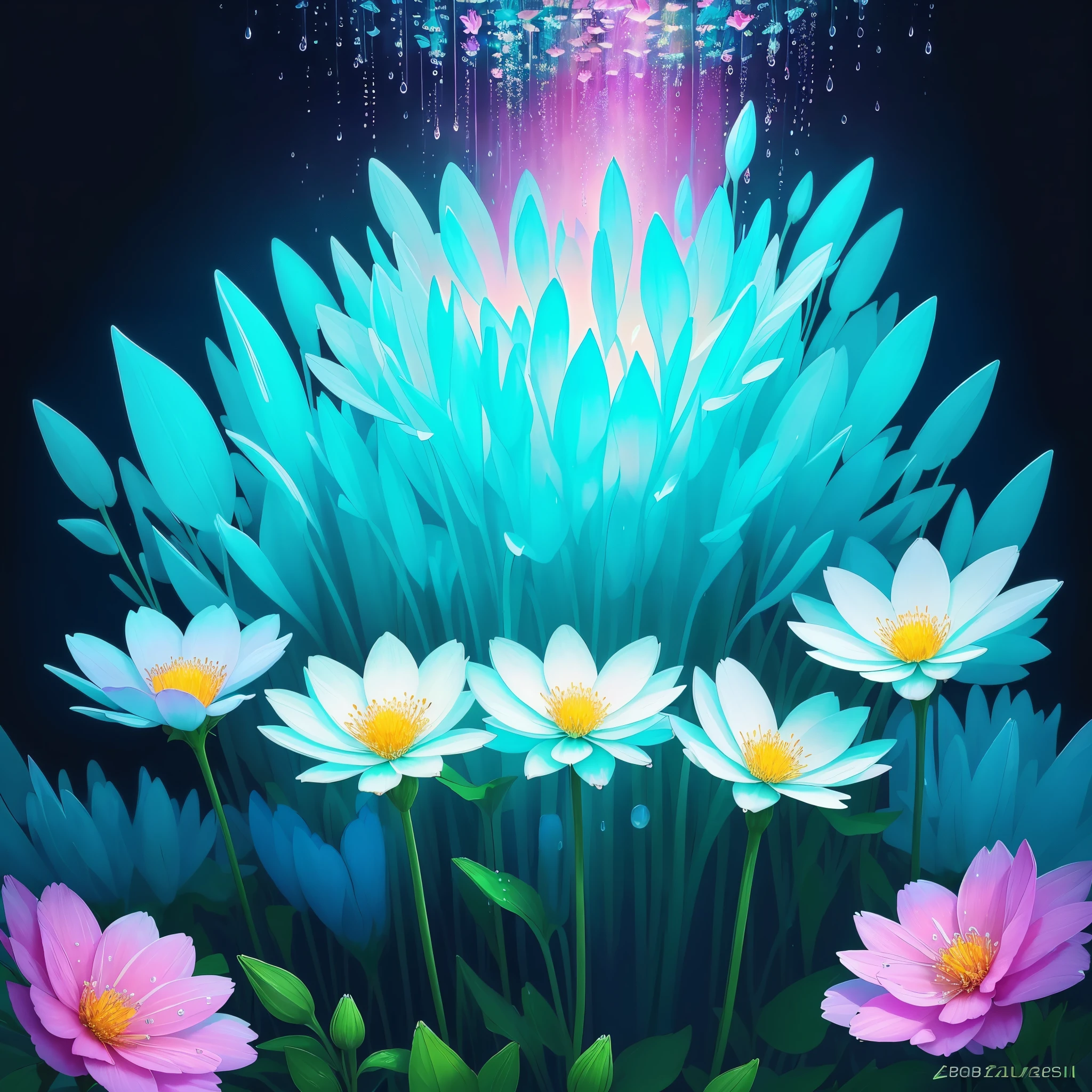 a close up of a bunch of flowers with water droplets, beautiful flowers and crystals, magical flowers, 🌺 cgsociety, extremely beautiful and ethereal, beautiful flowers, elegant flowers, flowers rain everywhere, beautiful!!! digital art, by Igor Zenin, paul barson, beautiful!!!!!!!!!, beautiful depiction, glowing flowers, ethereal beauty, gorgeous composition, incredibly beautiful, teal aesthetic