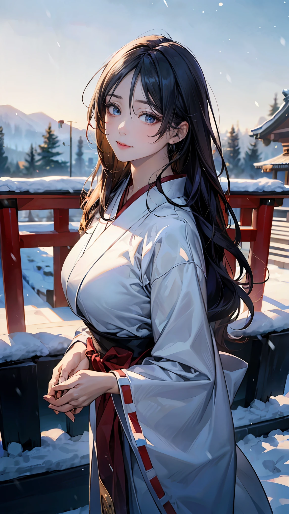 (masterpiece:1.2, highest quality), (realistic, photorealistic:1.4), beautiful illustrations, (natural side lighting, movie lighting), 
looking at the viewer, Upper body, (Front view), 1 girl, Japanese, high school girl, perfect face, Cute symmetrical face, shiny skin, baby face, long eyelash, (big breasts), 
beautiful hair, beautiful face, detailed and beautiful eyes, beautiful body, beautiful breasts, beautiful thighs, beautiful feet, beautiful fingers,naked, 
(beautiful scenery), evening, bed, (かわいらしいsmile, upper eye), mature woman, 28 years old, (mature woman:1.5), new year visit, join hands, wish you happiness, closed my eyes, smile, light purple hair, medium long hair, hair above one eye, asymmetrical hair, half up hair, wavy hair, blue eyes, Miko costume, In the Zen garden of a Japanese temple, In front of the torii gate, In winter, snowy snowy ground, Crystal of snow, Depth of the bounds written, Bokeh, dynamic angle, from the side and above, (correct anatomy, ideal body proportions), one night, under the starry sky, Minamoto no raikou,
