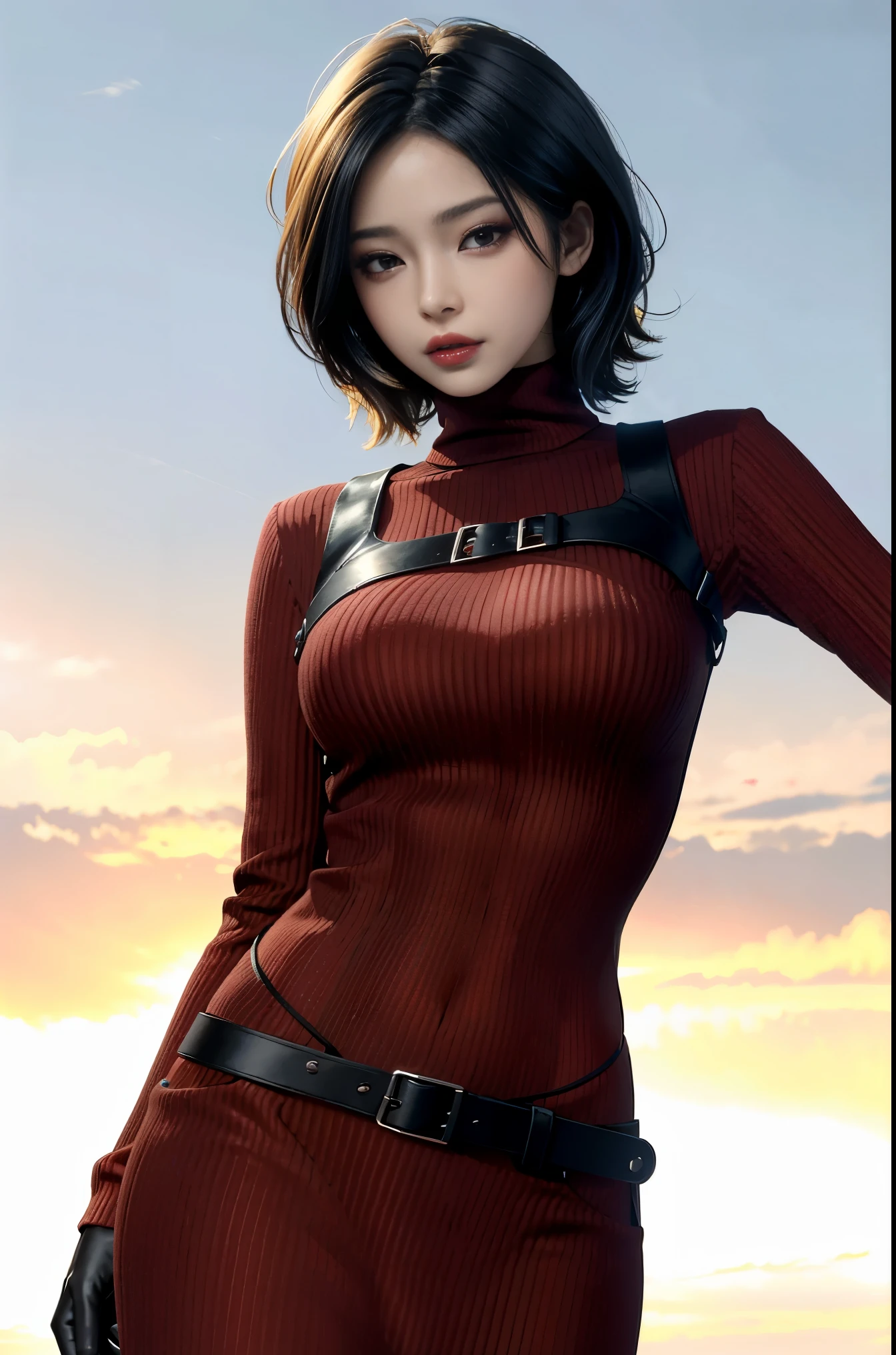 (masterpiece, best quality)
AdaWongRE,  1girl, solo, breasts, looking at viewer, short hair, large breasts, black hair, gloves, brown eyes, multicolored hair, belt, two-tone hair, sweater, lips, bodysuit, makeup, lipstick, ribbed sweater, realistic
