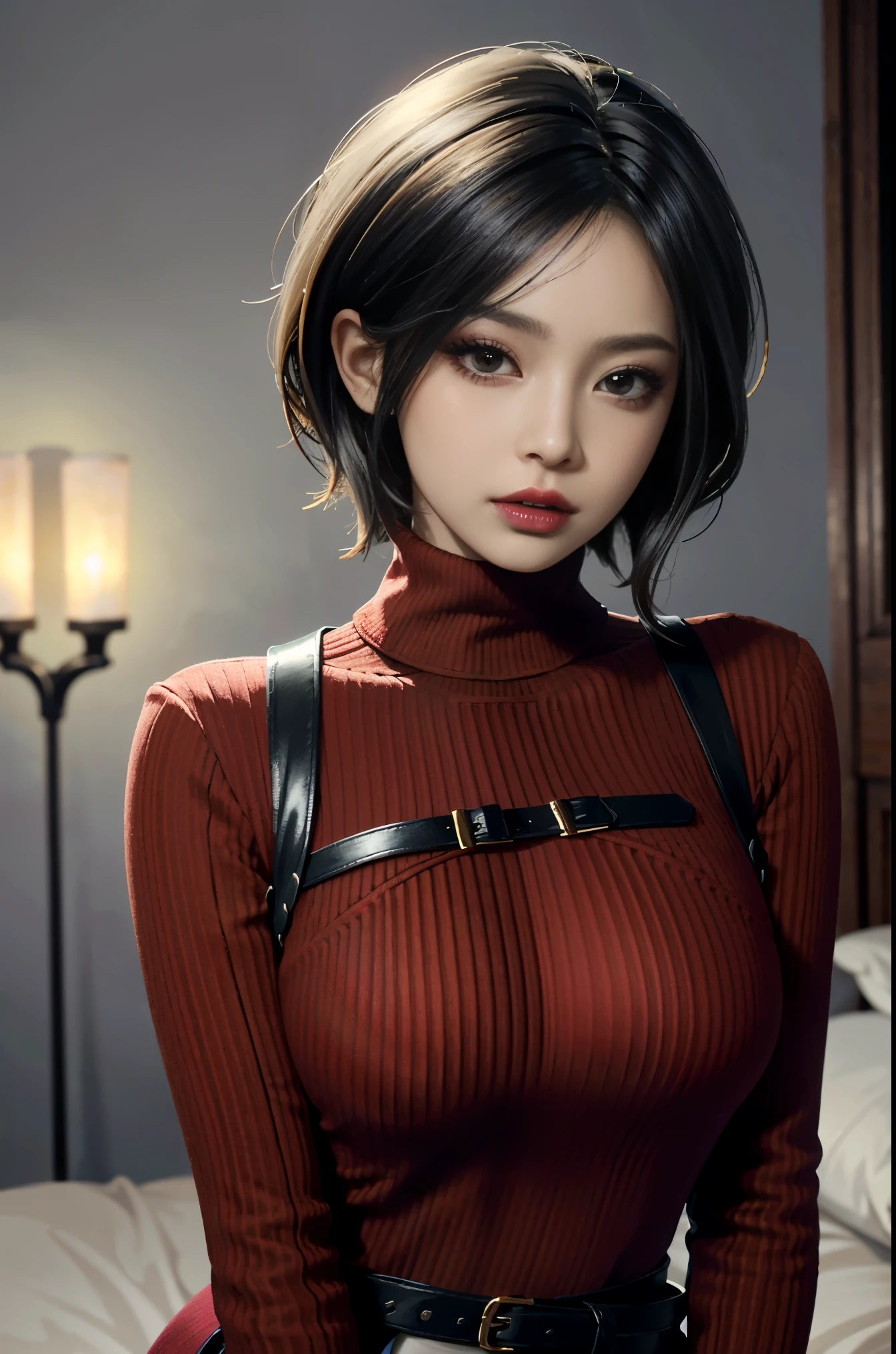 (masterpiece, best quality)
AdaWongRE,  1girl, solo, breasts, looking at viewer, short hair, large breasts, black hair, gloves, brown eyes, multicolored hair, belt, two-tone hair, sweater, lips, bodysuit, makeup, lipstick, ribbed sweater, realistic
