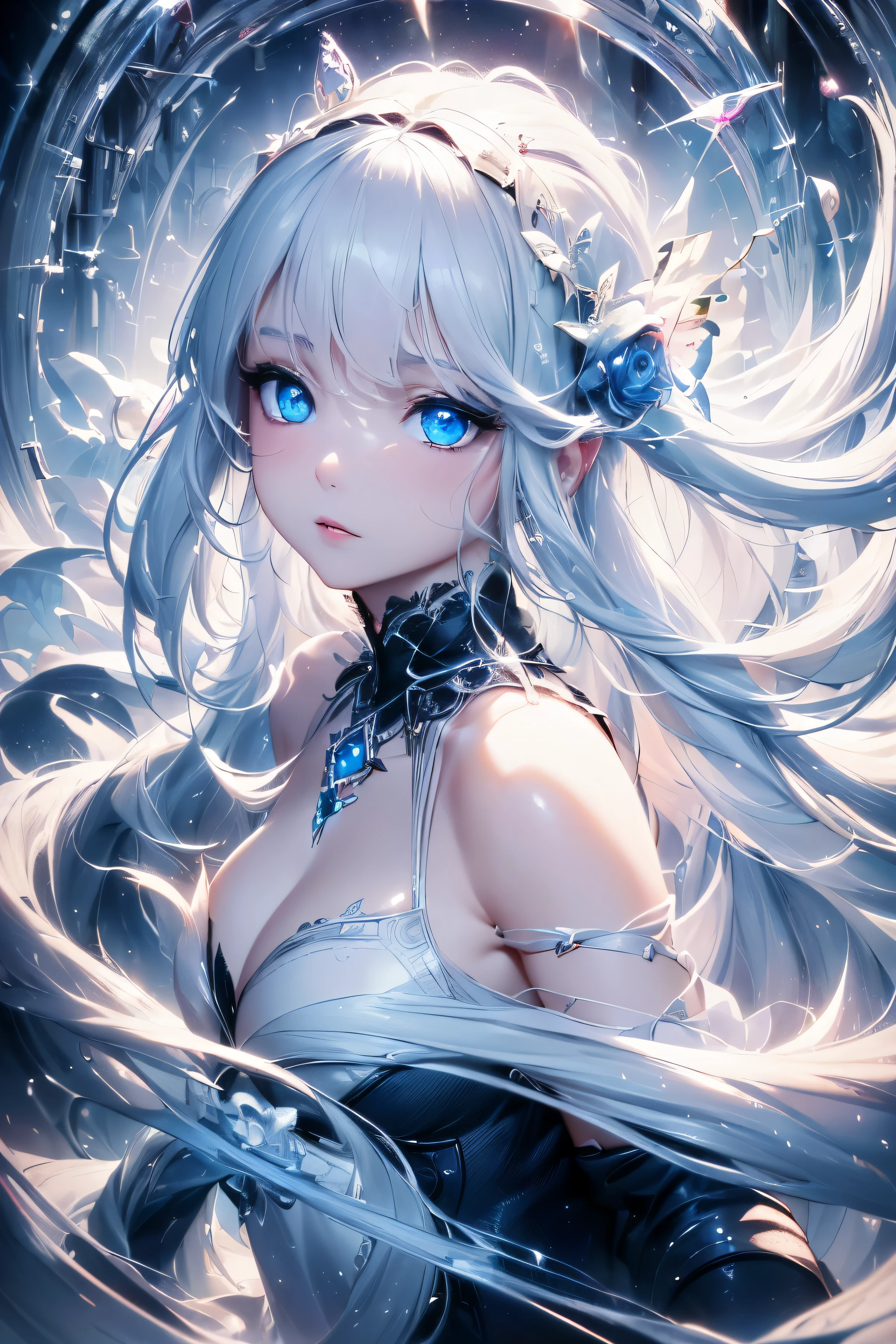 4K quality:1.2,1 girl,sense of depth,confused,catch light,Super beautiful illustration,((white,long hairstyles:1.3)),dark dark eyeshadow,(((4k,super beautiful,In detail,blue eyes))),bright red lipstick,Gothic Lolita,;D,beautiful and delicate hair