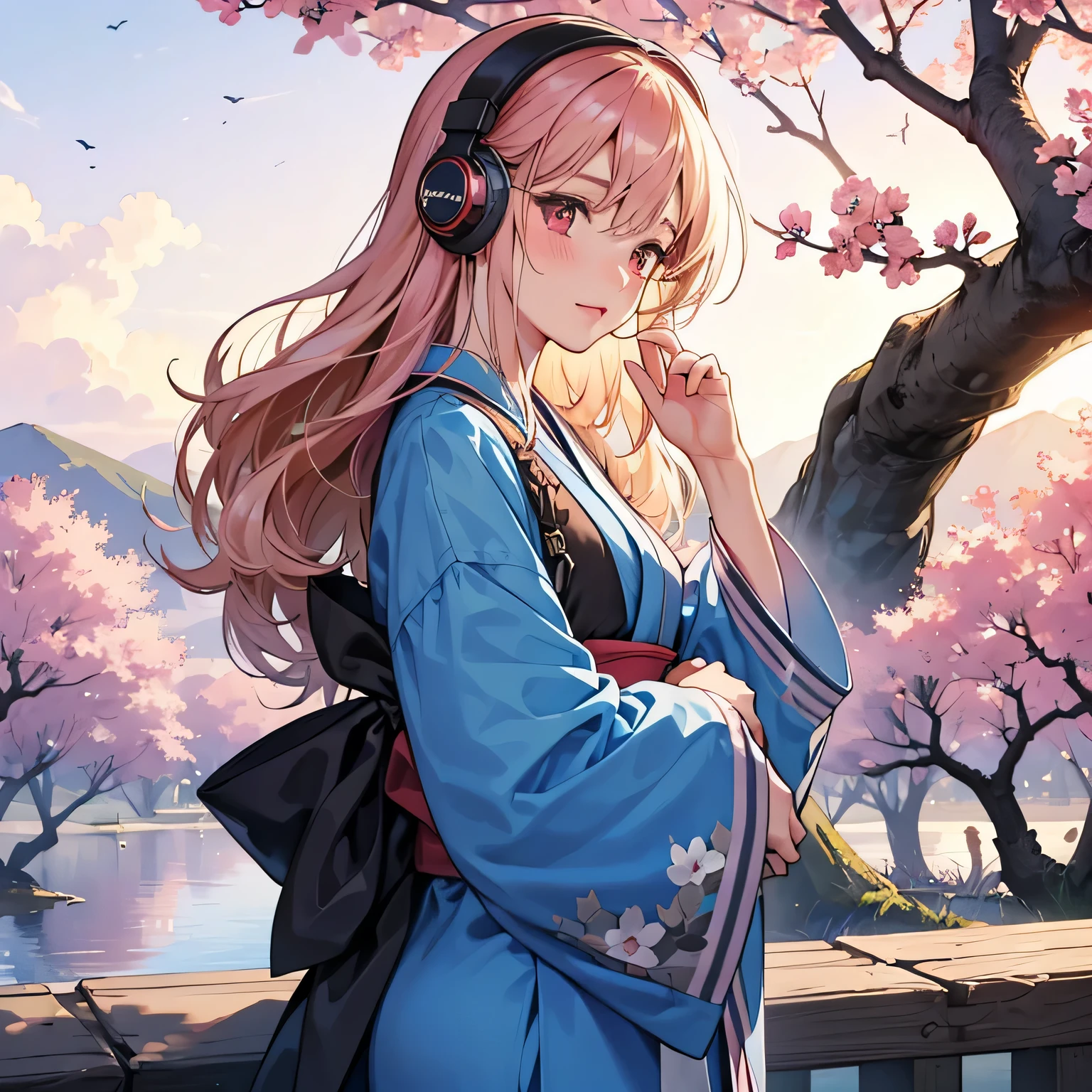 blush、blonde、red eyes、美しい女の子がalone、listen to music、headphones、pink hair、and soul、alone、kimono、lonely、cherry blossoms、night、Month -- automatic