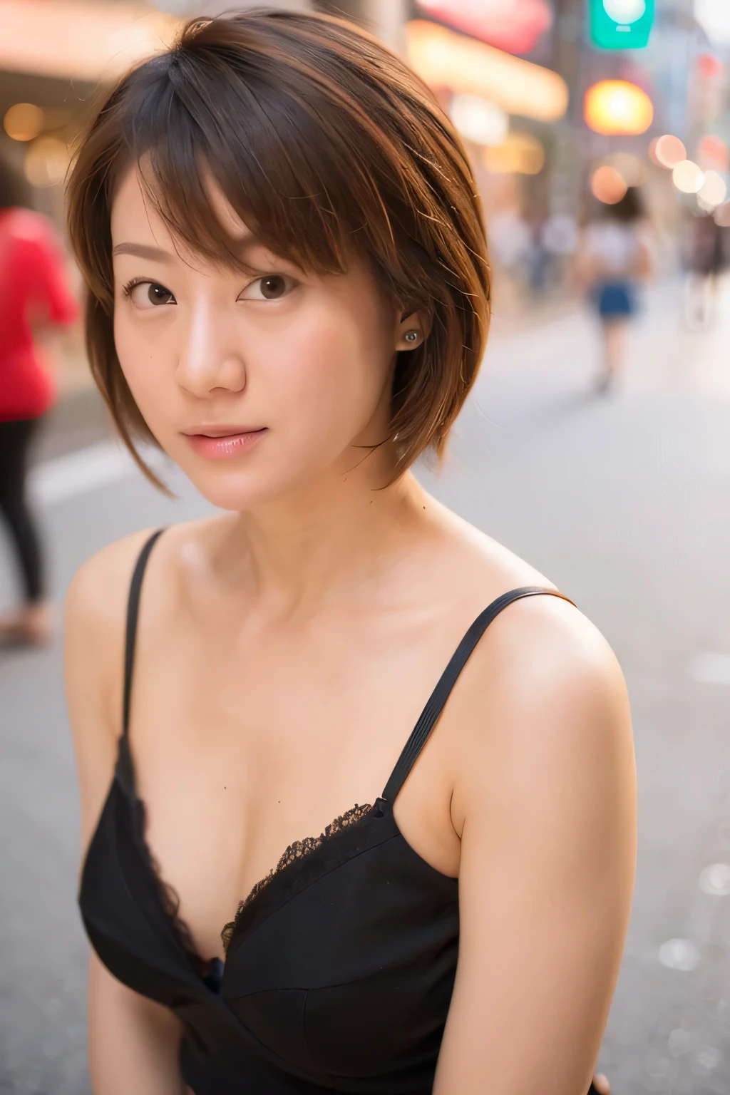 NSFW:1.3:((highest quality、8K resolution、master masterpiece、portrait:1.3)), Photoreal, 35mm film, 1 Japanese female,Beautiful woman, on the street during the day, wrinkles around the eyes、((sexy black lingerie:1.3)) , (outdoors_city street: 1.3), jumbled background,look at the audience,(Tokyo cityscape:1.3),