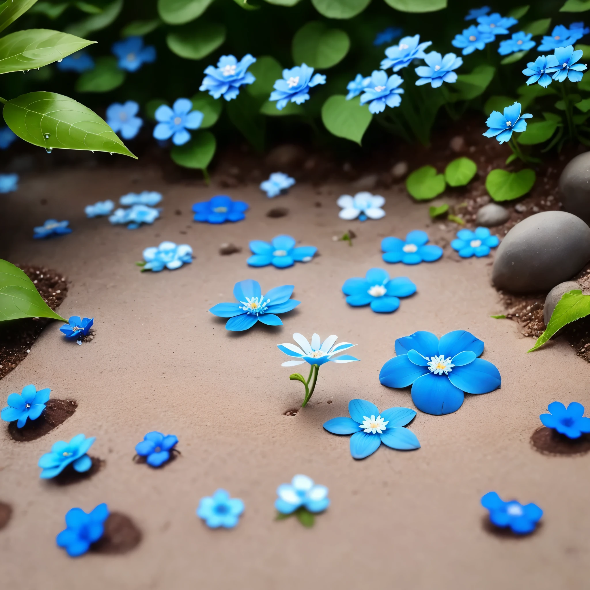 there is a small blue flower that is growing out of the ground, dripping blue natural iwakura, blue flowers, beautiful!!!!!!!!!, blue flowers bloomed all over, glowing blue, blue and white, incredibly beautiful, blues. beautiful, white and blue, blue! and white colors, beautiful detail, beautiful!, beautiful!!, light blues, beautiful flower