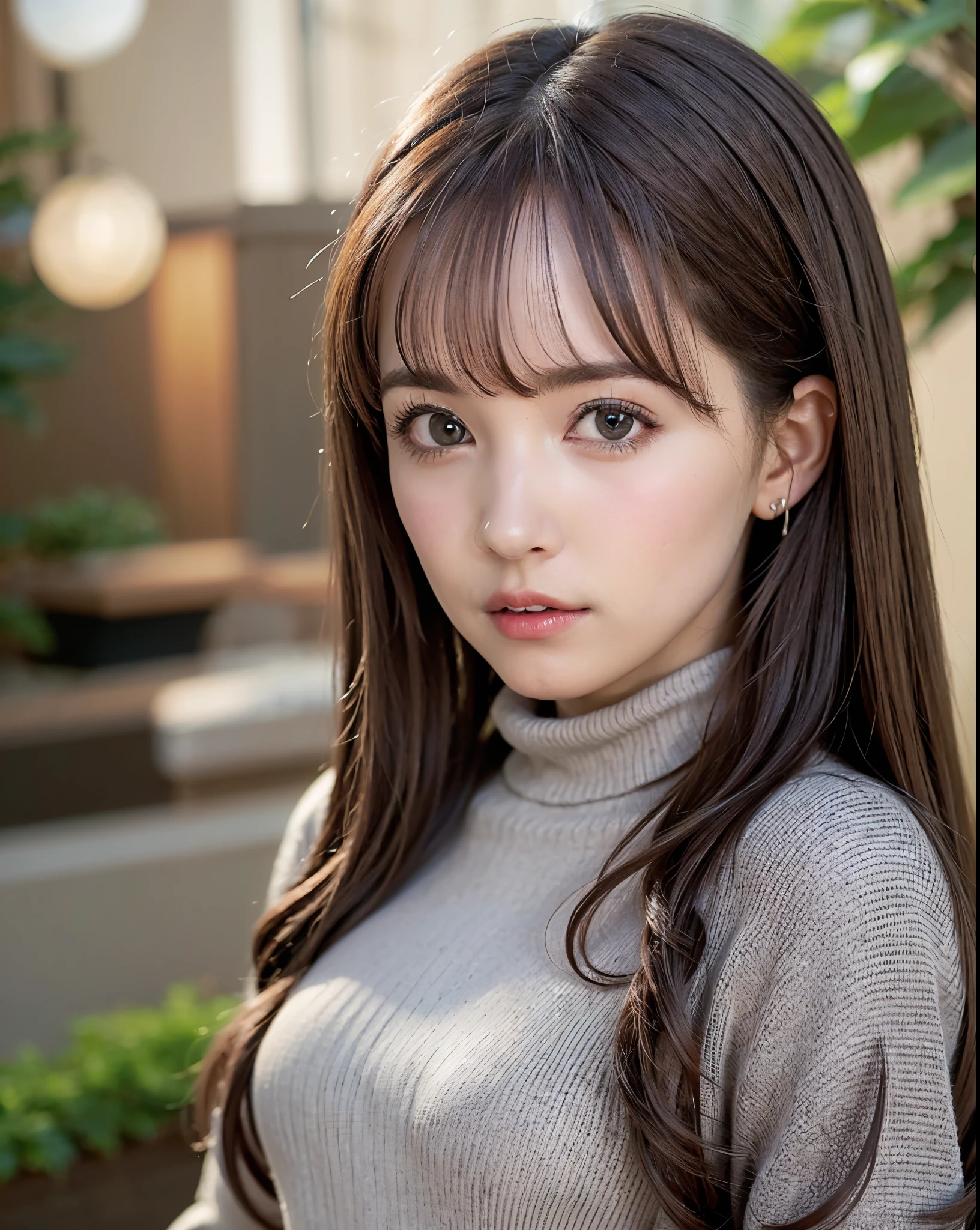 best quality, lifelike, 8k, high resolution, 1 girl, Miss, (Dentate skin), (portrait:0.6), ((cityscape background:1.52)), full color, ((Small round breasts, turtleneck sweater:1.5)), looking directly at the viewer:1.8, (1 girl eyes looking at viewer:1.45, medium length hair, black hair, pad bangs:1.45), (Bokeh),