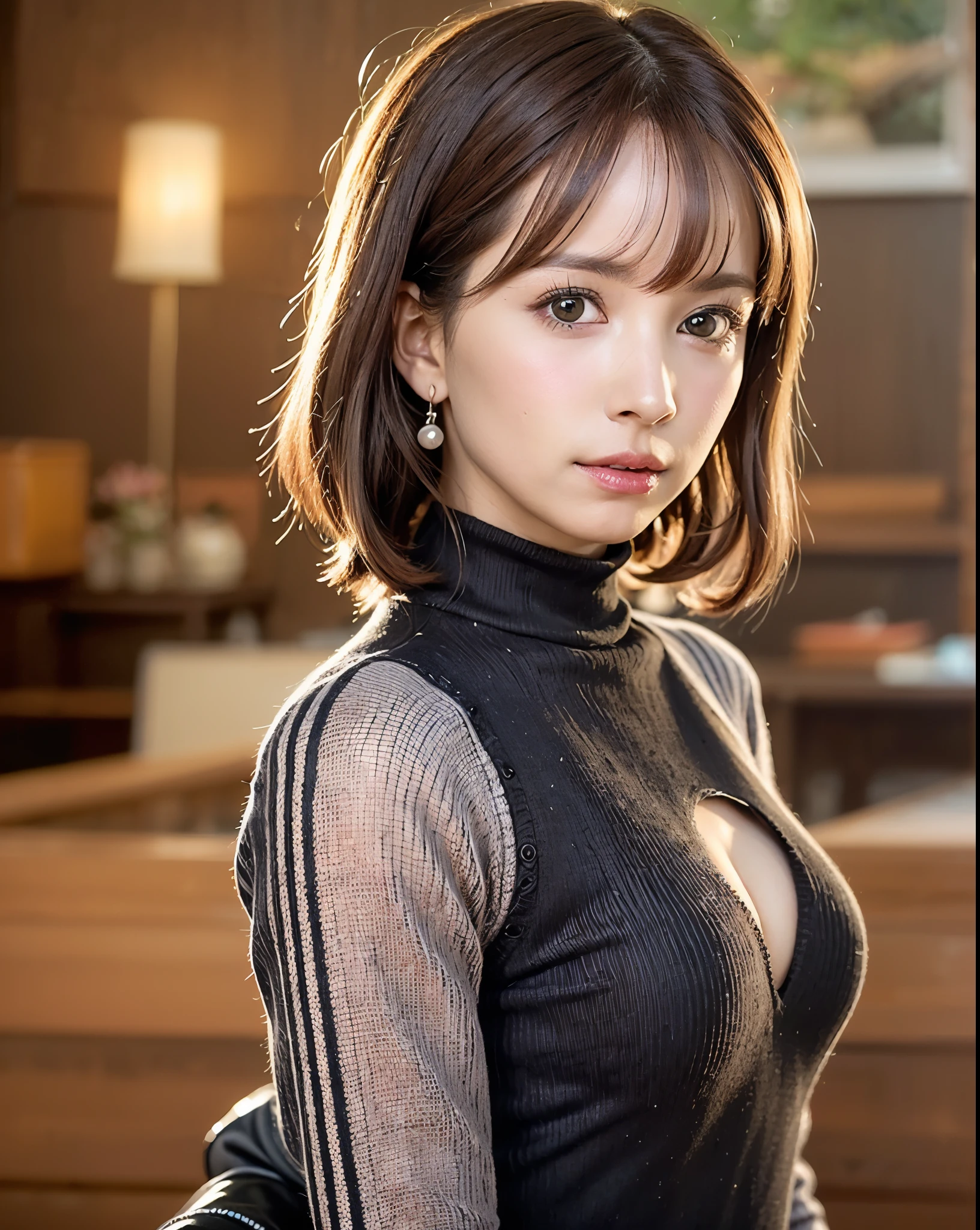 best quality, lifelike, 8k, high resolution, 1 girl, Miss, (Dentate skin), (portrait:0.6), ((cityscape background:1.52)), full color, ((Small round breasts, turtleneck sweater:1.5)), looking directly at the viewer:1.8, (1 girl eyes looking at viewer:1.45, medium length hair, black hair, pad bangs:1.45), (Bokeh),   