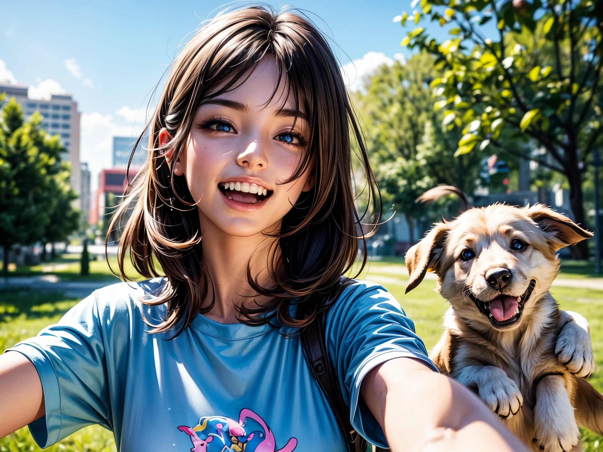 (best quality,4k,highres,masterpiece:1.2),(realistic,photorealistic:1.37),HDR,UHD,studio lighting,ultra-detailed,extremely detailed eyes and face,longeyelashes,1girl,colorful vibrant garden,beautiful detailed eyes,beautiful detailed lips,puppy,cute,playful,green grassy field,bright blue sky,active,energetic,girl throwing frisbee in the air,jumping puppy,floating frisbee,dynamic motion,excitement,captured moment,action-packed scene,joyful expressions,happy atmosphere,blonde hair,teddy bear shirt,fun,summer day,sunshine,smiling faces,free-spirited,positive vibes,leisure activity,outdoor fun,cheerful,earthy tones,soft lighting,pleasing composition,artistic rendering,emotionally engaging,immersive experience,colorful spectacle,impressive dynamics,blissful happiness