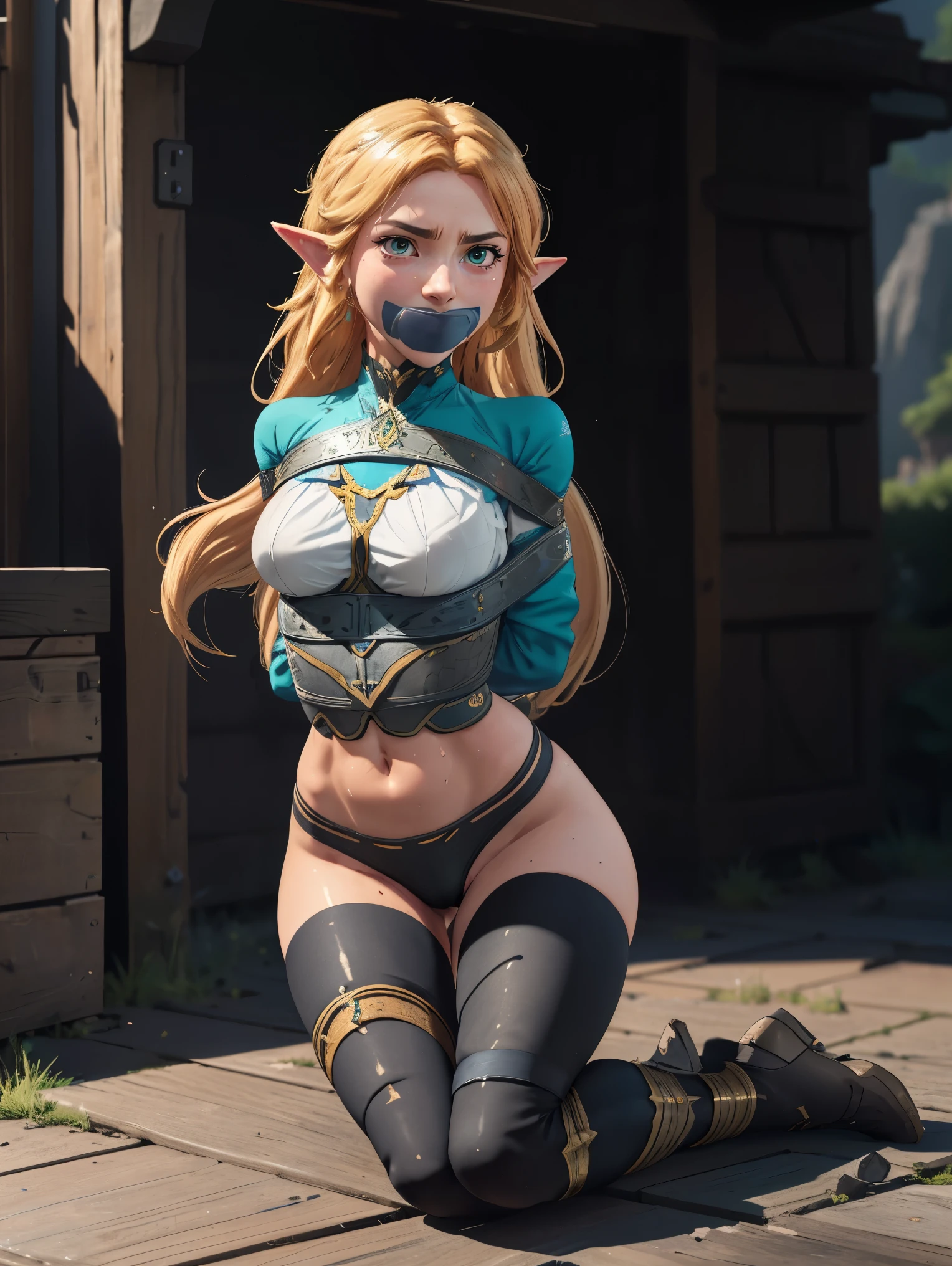 (whole body:1.5),beautiful detailed background, octane rendering, 8K, best quality, masterpiece, illustration, extremely delicate and beautiful, detailed,extremely detailed,CG,Unite,wallpaper,Astonishing, fine details, realistic art: 1.2 ,masterpiece, best quality, official art, extremely detailed CG Unite 8K wallpaper,1 girl, zelda, wearing plain transparent underwear,, on knees,hands tied behind back, mouth gagged, worried expression, green eyes, pretty symetrical face, oily wet skin, tanned skin, freckles, thin waist, narrow hips, tight apple ass, small breasts, Looking off to the side , Realistic photos, (hiqcgbody) ,perfect female figure, dark gothic rooftop background