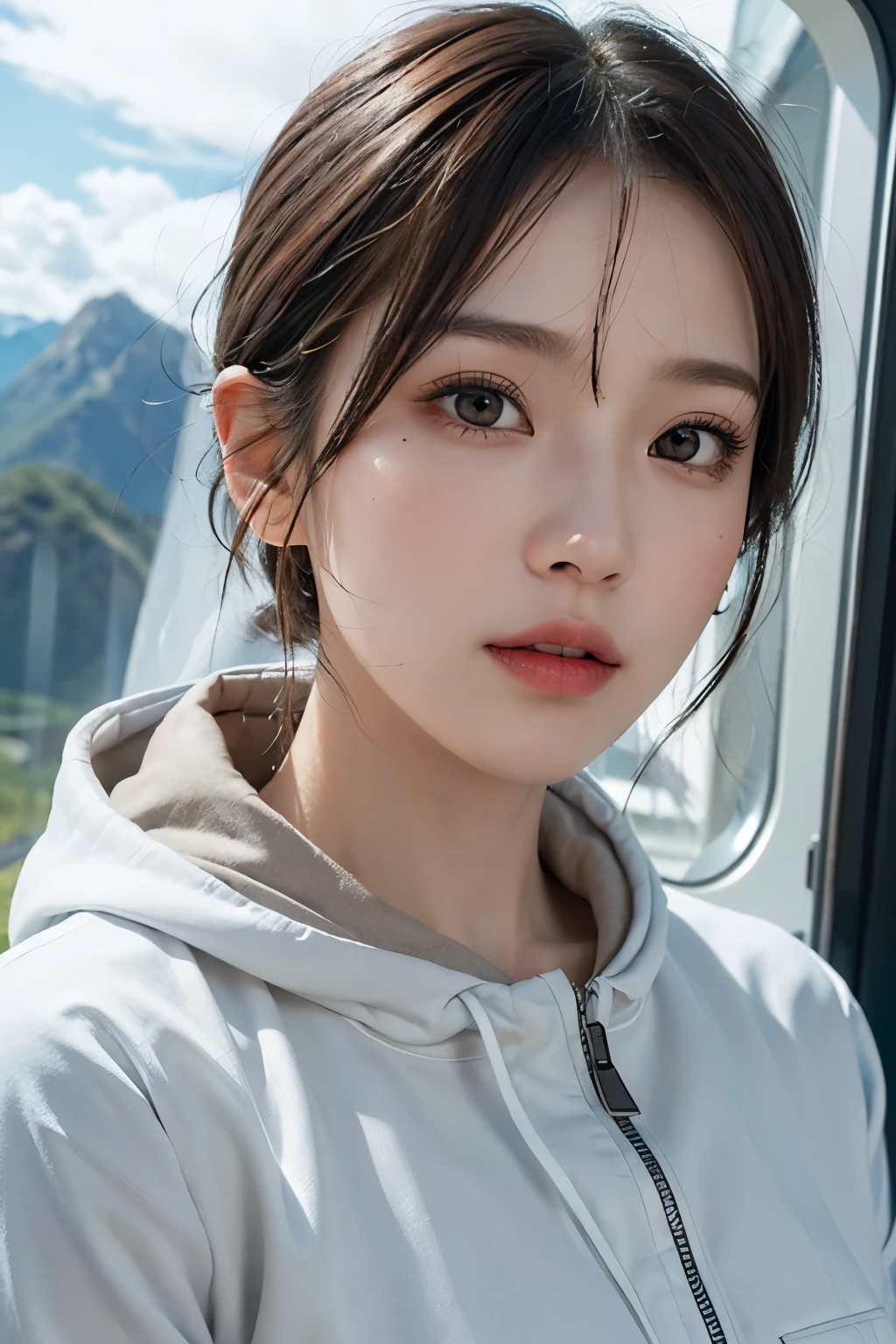 highest quality、masterpiece、ultra high resolution、(real:1.4)、Beautiful woman1、Beautiful details of eyes and skin、light brown short cut hair、perfect space suit、spaceship、macrocosm、Remains、rocky mountain、cloudy sky、
