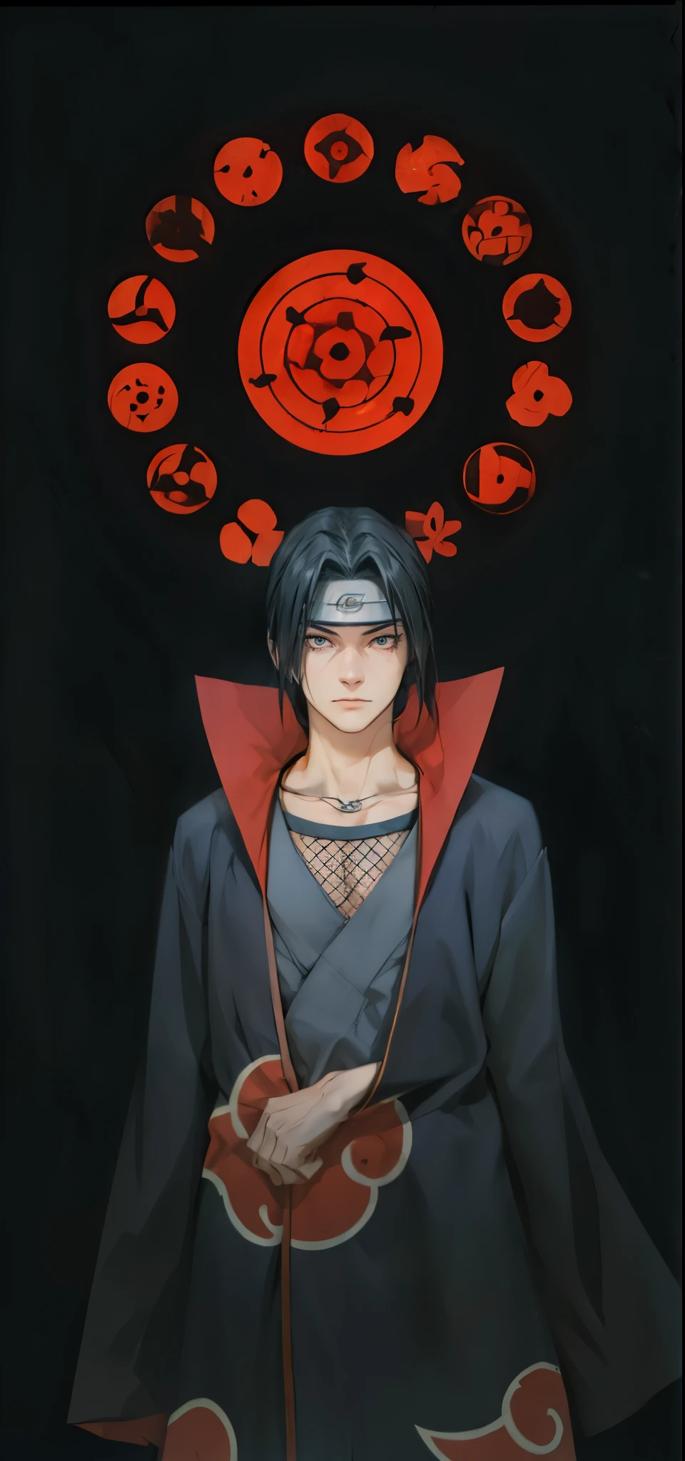 Masterpiece, Extremely Realistic, cinematic, UHD, 8K, Extremely Detailed, depth of field. Detailed face, detailed eyes, best photography, Uciha Itachi, Akatsuki. 1 Japanese man, handsome, vibrant scene. 