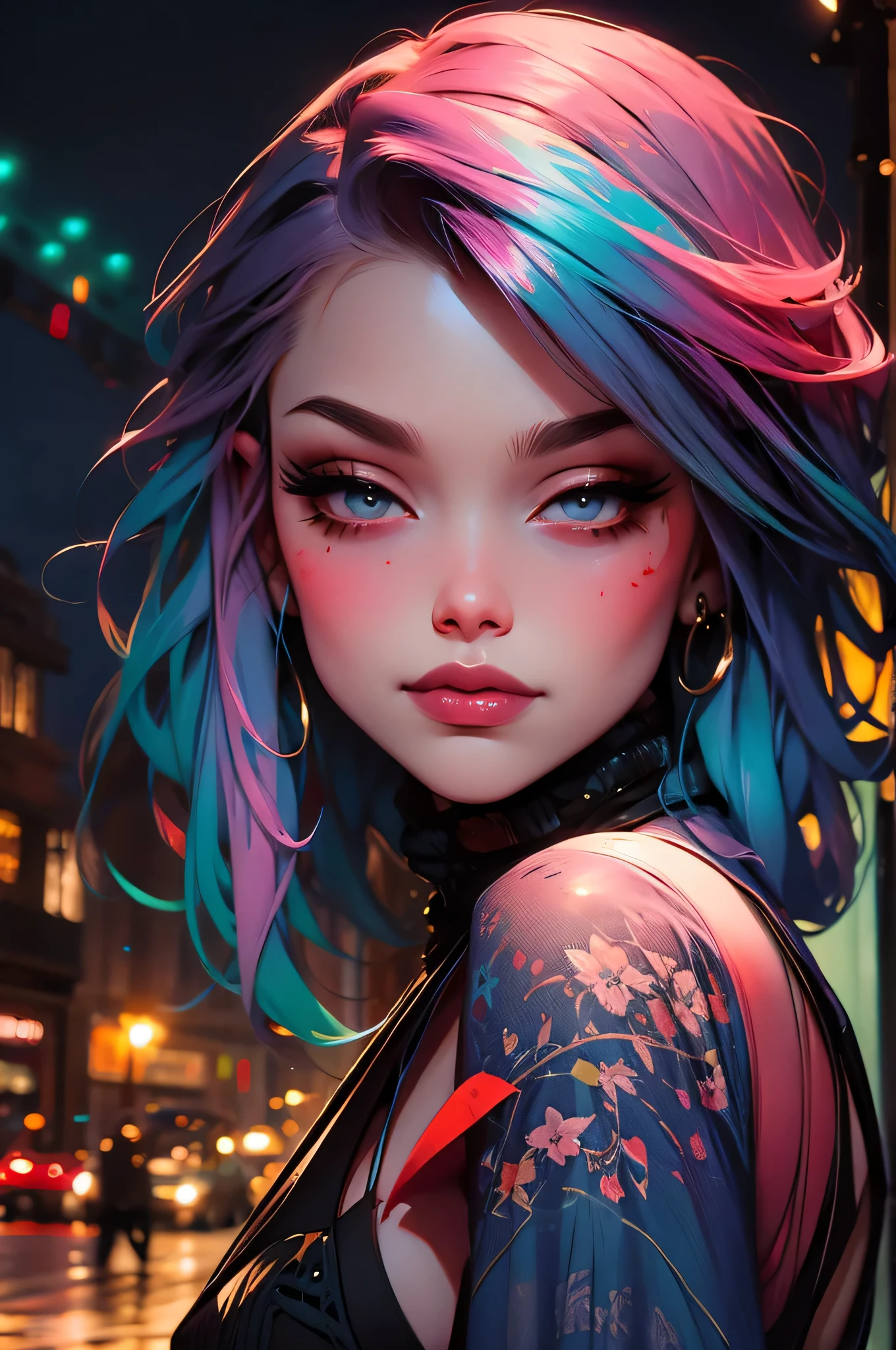 the city that never sleeps、Watercolor Touch、Bleeding、a woman , luminous design, pastel colours, ink drips, spring lights,Artistic,azure, red