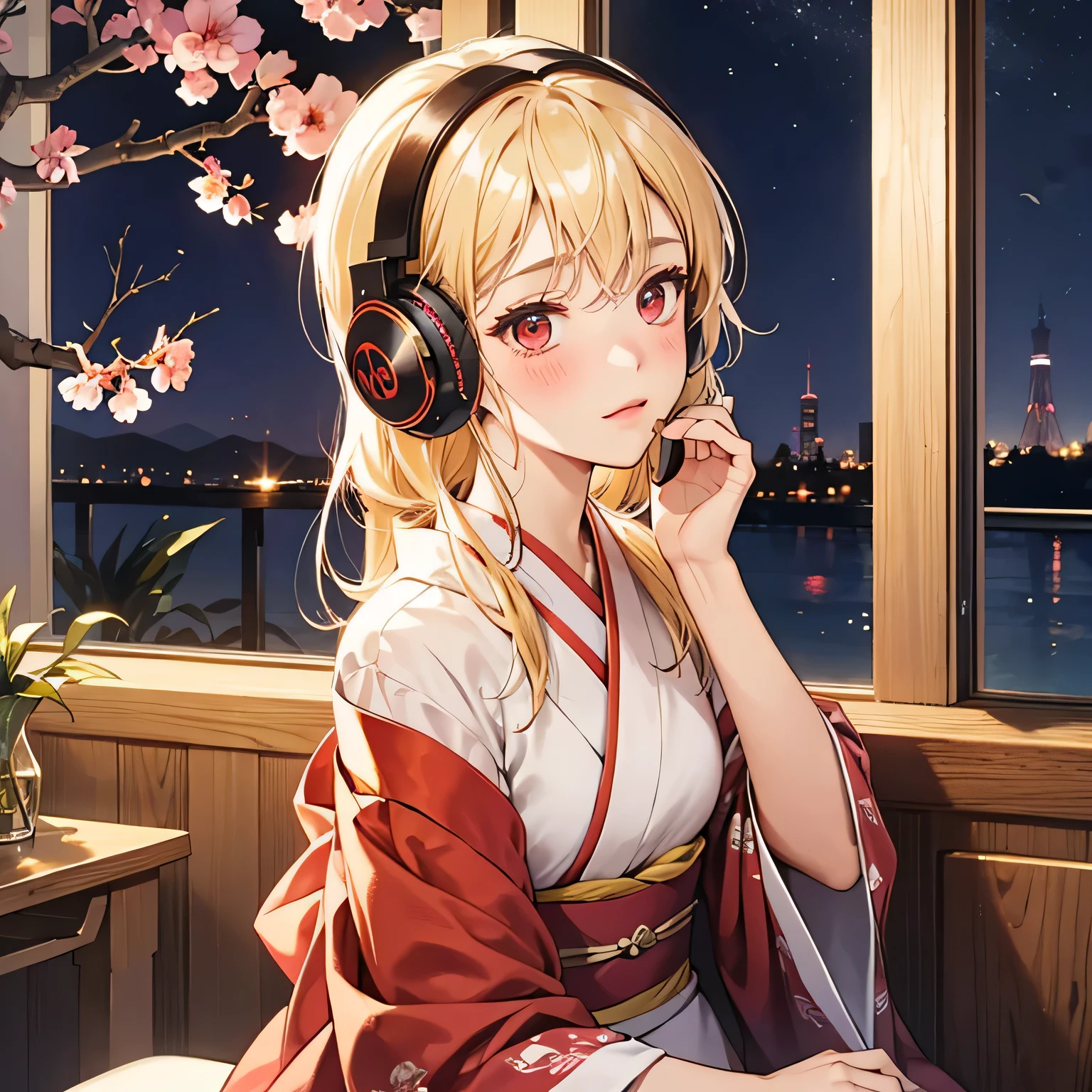 blush、blonde、red eyes、美しい女の子がalone、listen to music、headphones、and soul、alone、kimono、lonely、cherry blossoms、night、Month -- automatic