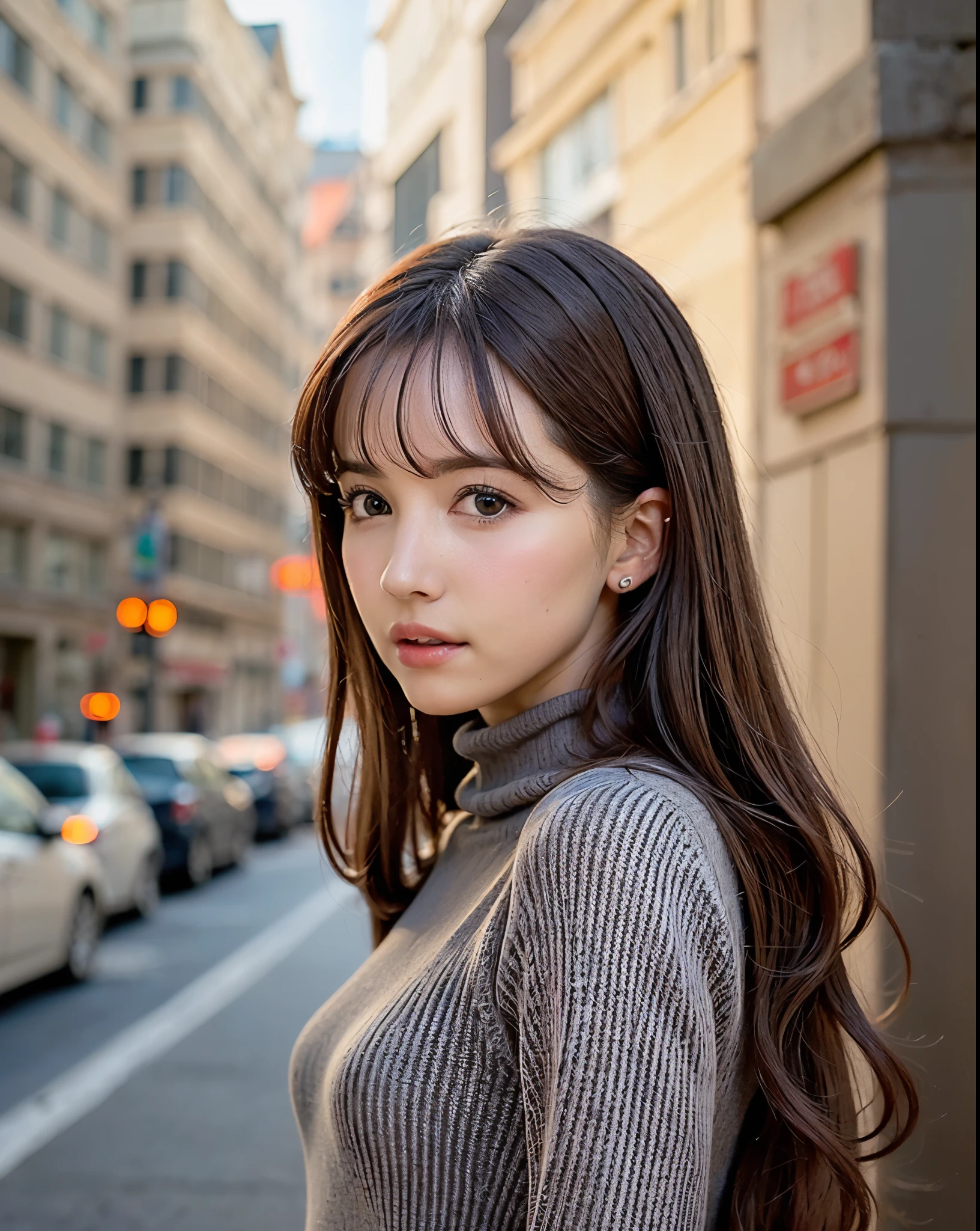 best quality, lifelike, 8k, high resolution, 1 girl, Miss, (Dentate skin), (portrait:0.6), ((cityscape background:1.52)), full color, ((Small round breasts, turtleneck sweater:1.5)), looking directly at the viewer:1.8, (1 girl eyes looking at viewer:1.45, medium length hair, black hair, pad bangs:1.45), (Bokeh),