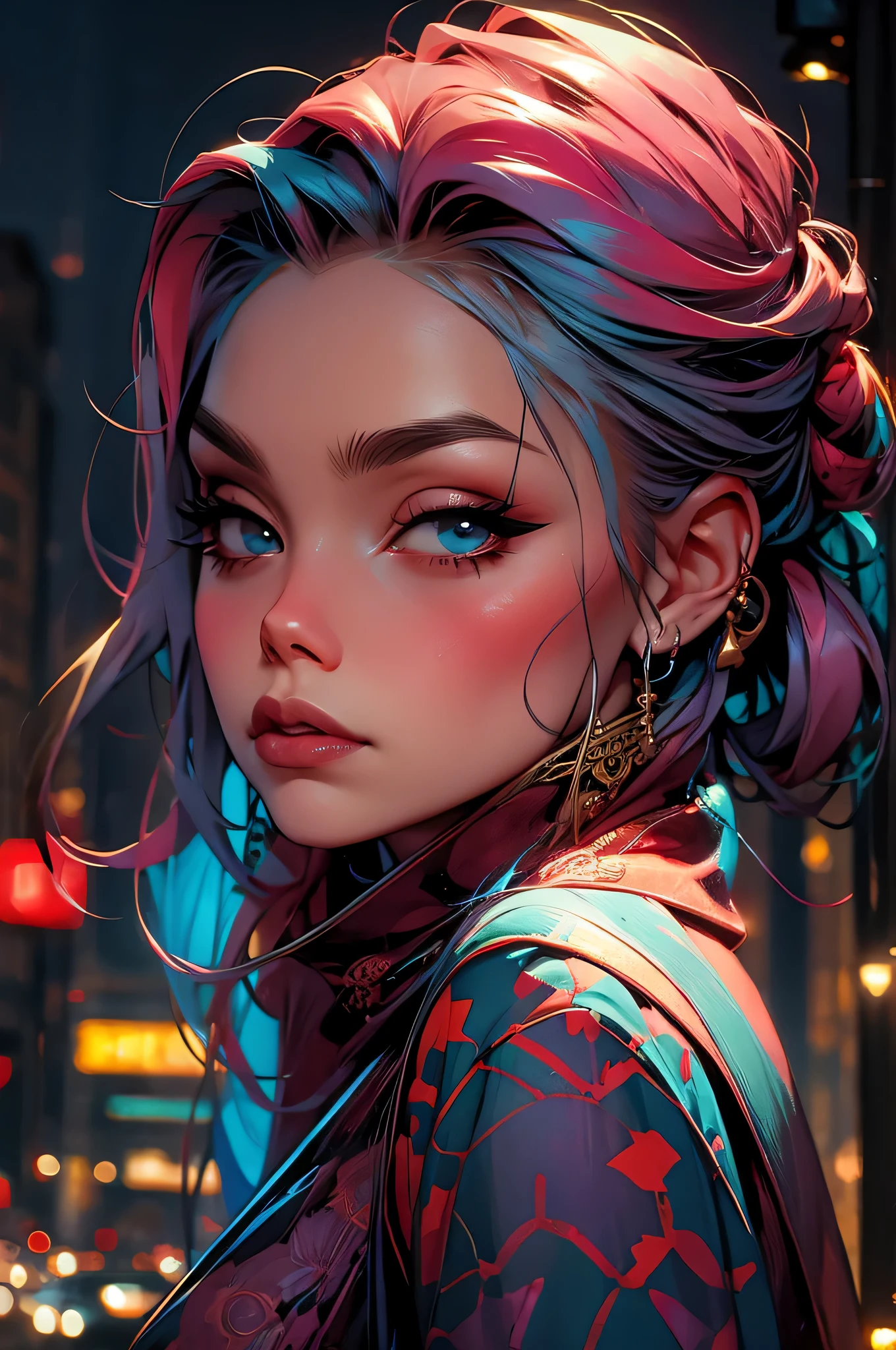 the city that never sleeps、Watercolor Touch、Bleeding、a woman , luminous design, pastel colours, ink drips, spring lights,Artistic,azure, red