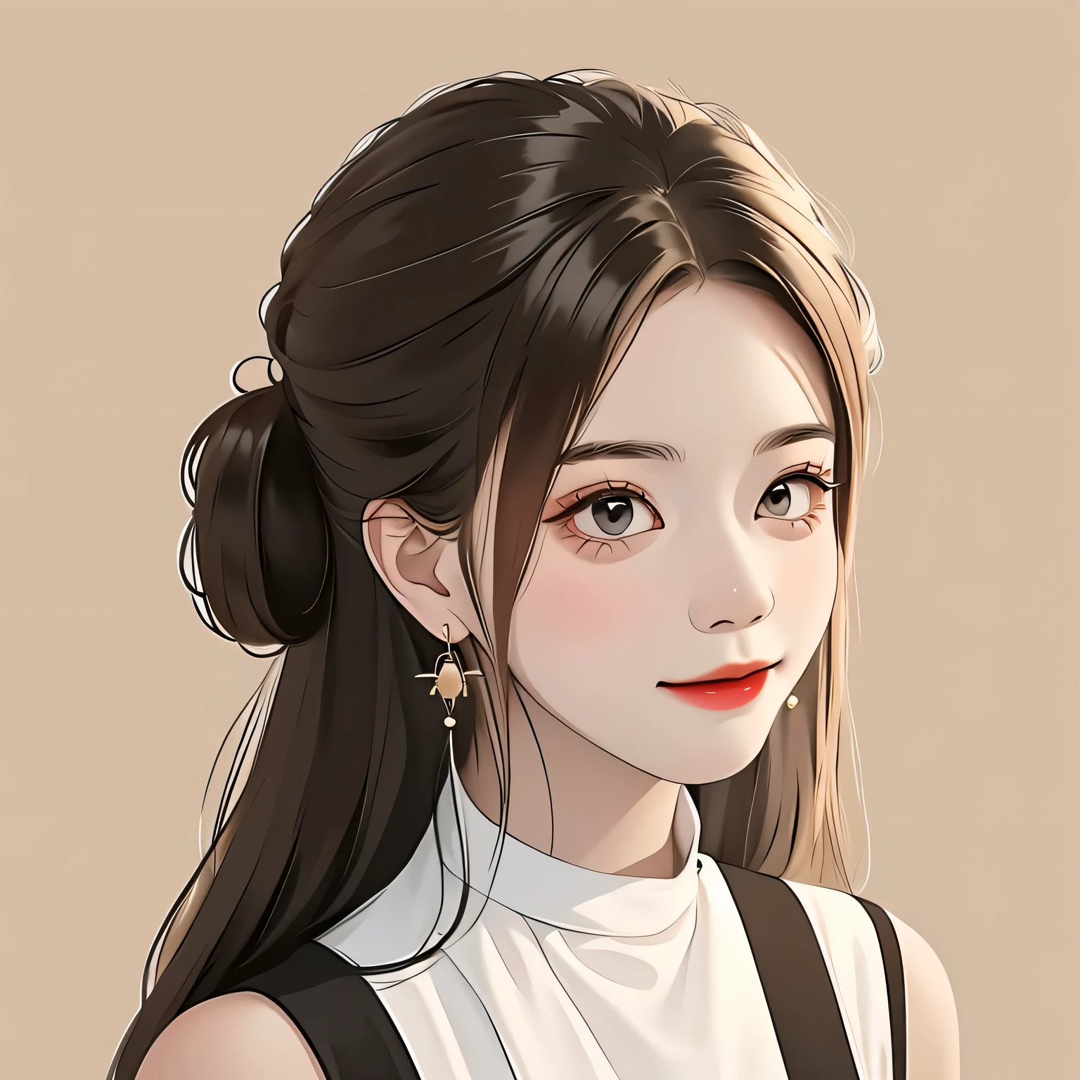 cute hairstyle, messy, earrings, Street style, Solid background, cold expression, simple background, minimalist, Smile, face camera, looking at the audience