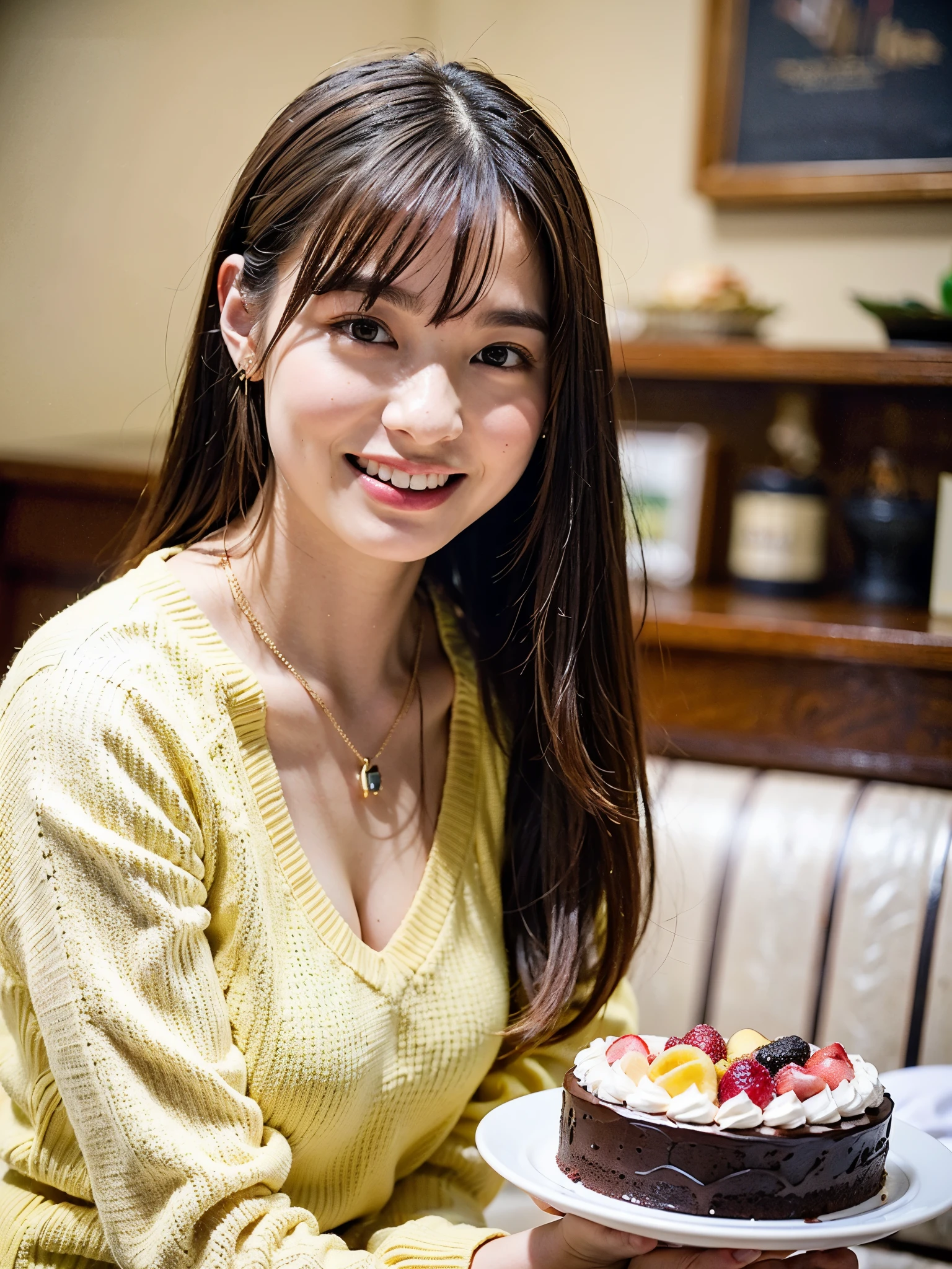Perfect face and big breasts, tilt face, thin eyebrows, brown hair, short bob curly hair, ((20-year-old girl with a slim and fit)), fit, tilt !!!、 Delicate skin and very delicate eyes (1.1 emphasize), Very detailed skin texture (1.1 emphasize). necklace. Model photo style, lifelike, Skin texture is real human skin texture, Detailed skin pores, intricate details, Eyes are very delicate. Adult Dating Clothing, Dating, Dating!!!、! 梦想Dating, Very detailed dates, cake, cake shop interior, black knitted sweater, jacket, Backpack, earrings. whole body, Charming and sexy, Smile, strong Smile, cute pose, sitting. Holding a cake, eating a cake, open mouth, laugh out loud, smile very happily, Smile着. :2